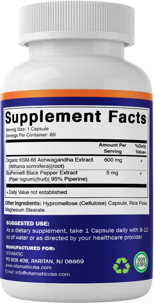 Vitamatic KSM-66 Ashwagandha 600mg + BioPerine โ 60 Veggie Caps (1200 mg/2 caps)