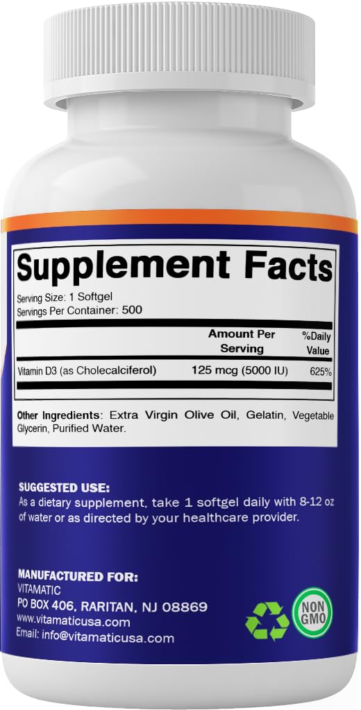 Vitamatic Vitamin D3 5000 IU (125 mcg) โ 500 Softgels Olive Oil-Based Formula