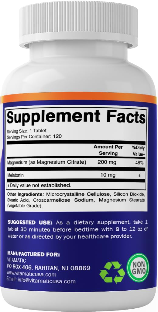 Vitamatic Melatonin 10 mg with Magnesium 200 mg โ 120 Tablets | Sleep Support
