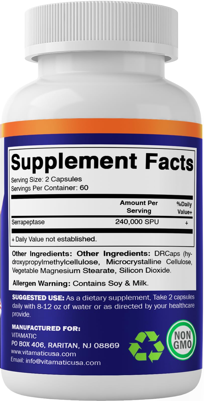 Vitamatic Serrapeptase 240,000 SPU โ 120 Delayed-Release Enteric Capsules (Pack of 2, USA Made)
