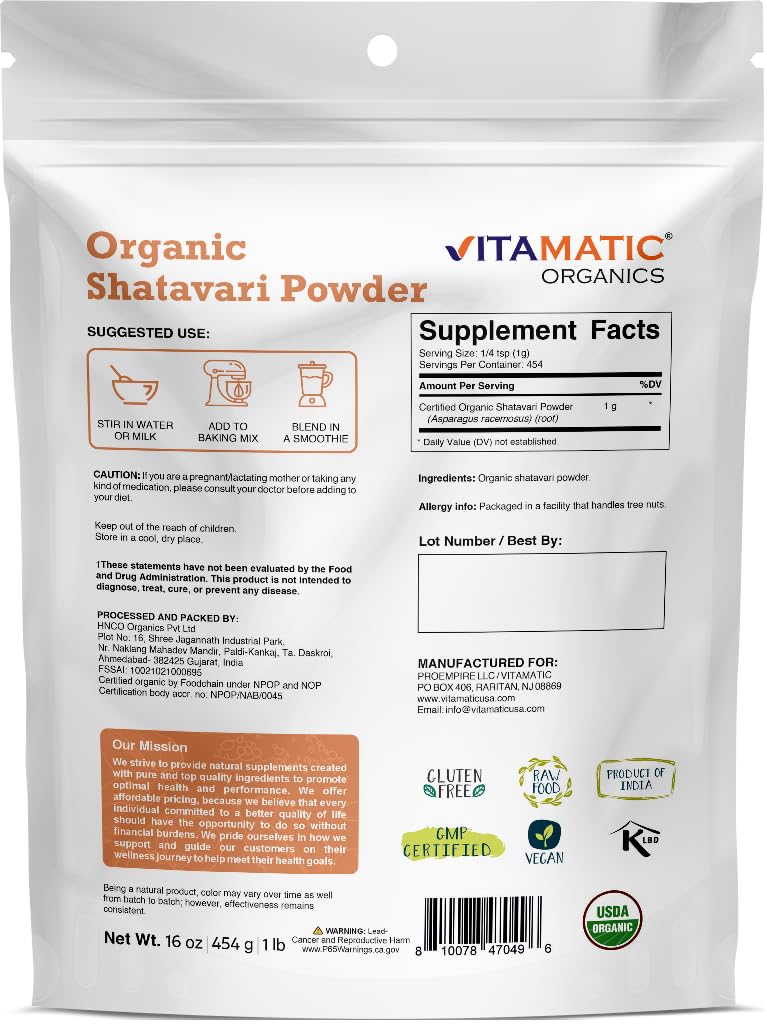 Vitamatic USDA Organic Shatavari Powder β 1 lb for Women's Health & Hormonal Balance