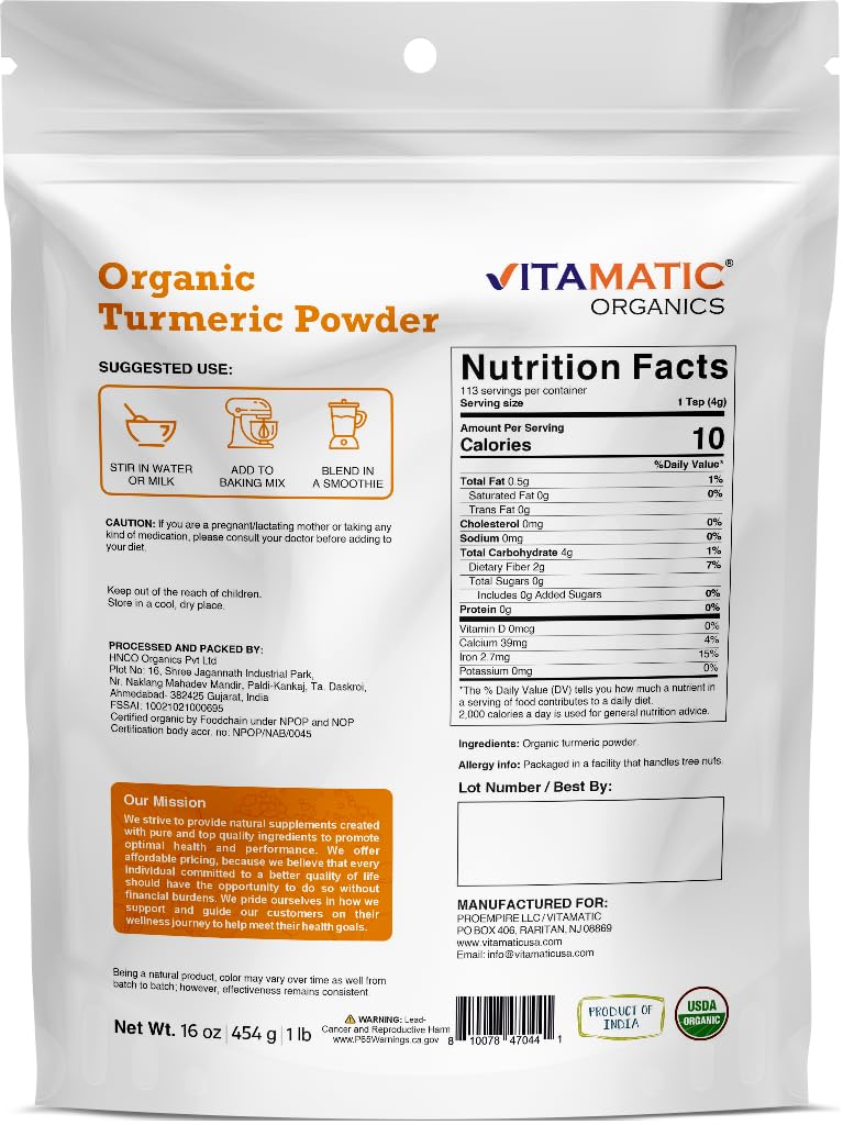 Vitamatic Organic Turmeric Powder โ 1 lb (16 oz) | USDA Certified
