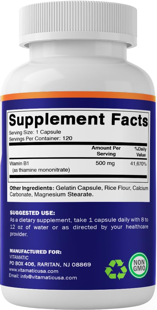 Vitamatic Vitamin B1 (Thiamine) 500mg โ 120 Capsules | Non-GMO, Gluten Free