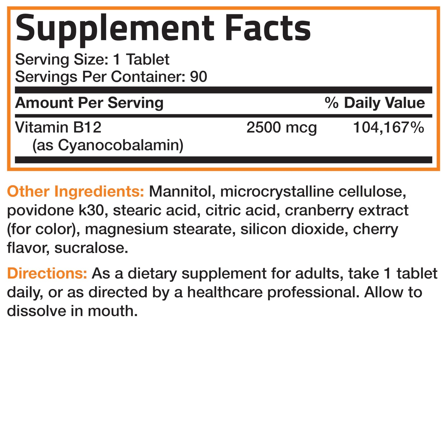 Vitamin B12 2500mcg Cherry Sublingual Tablets โ 90 Count | Fast-Dissolving Energy & Nervous System Support