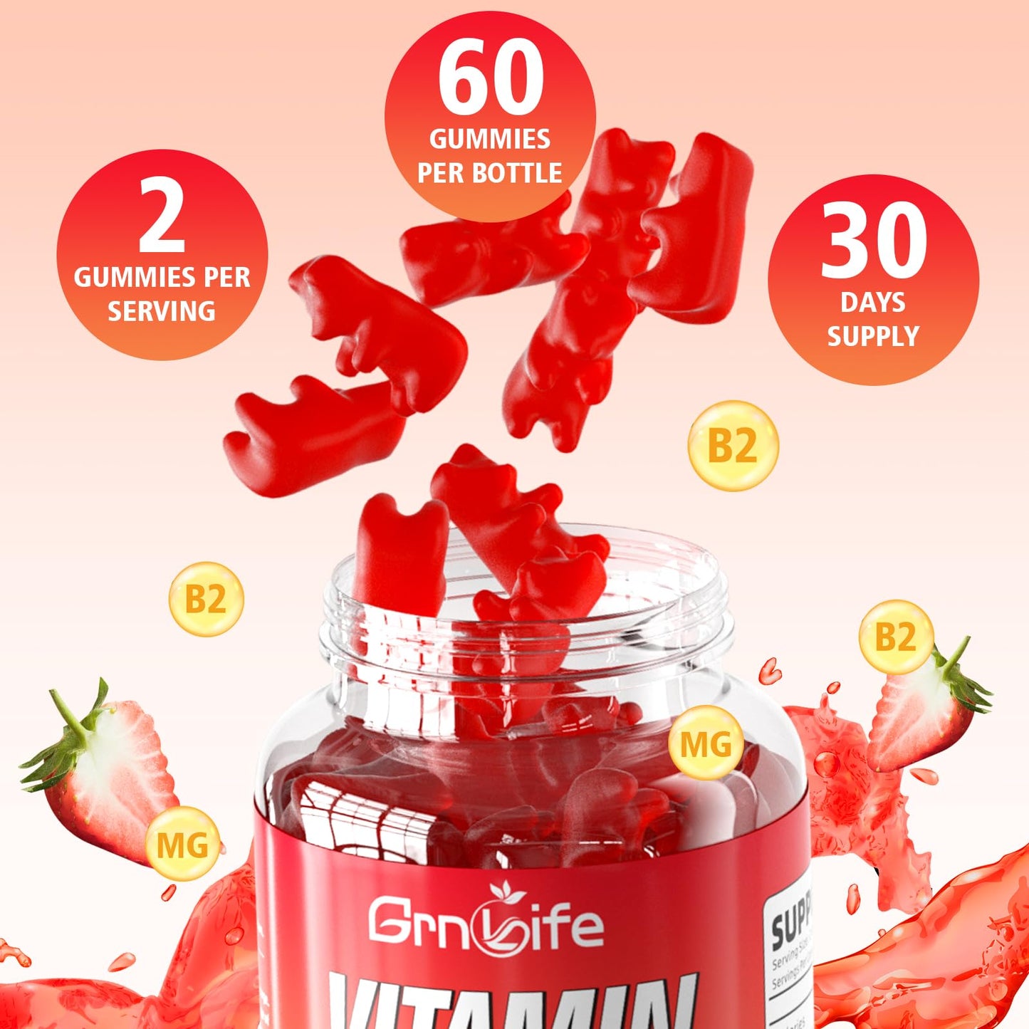 Vitamin B2 Gummies 400mg Riboflavin with Magnesium โ For Kids & Adults | Migraine Relief & Energy, Strawberry, 60 Count
