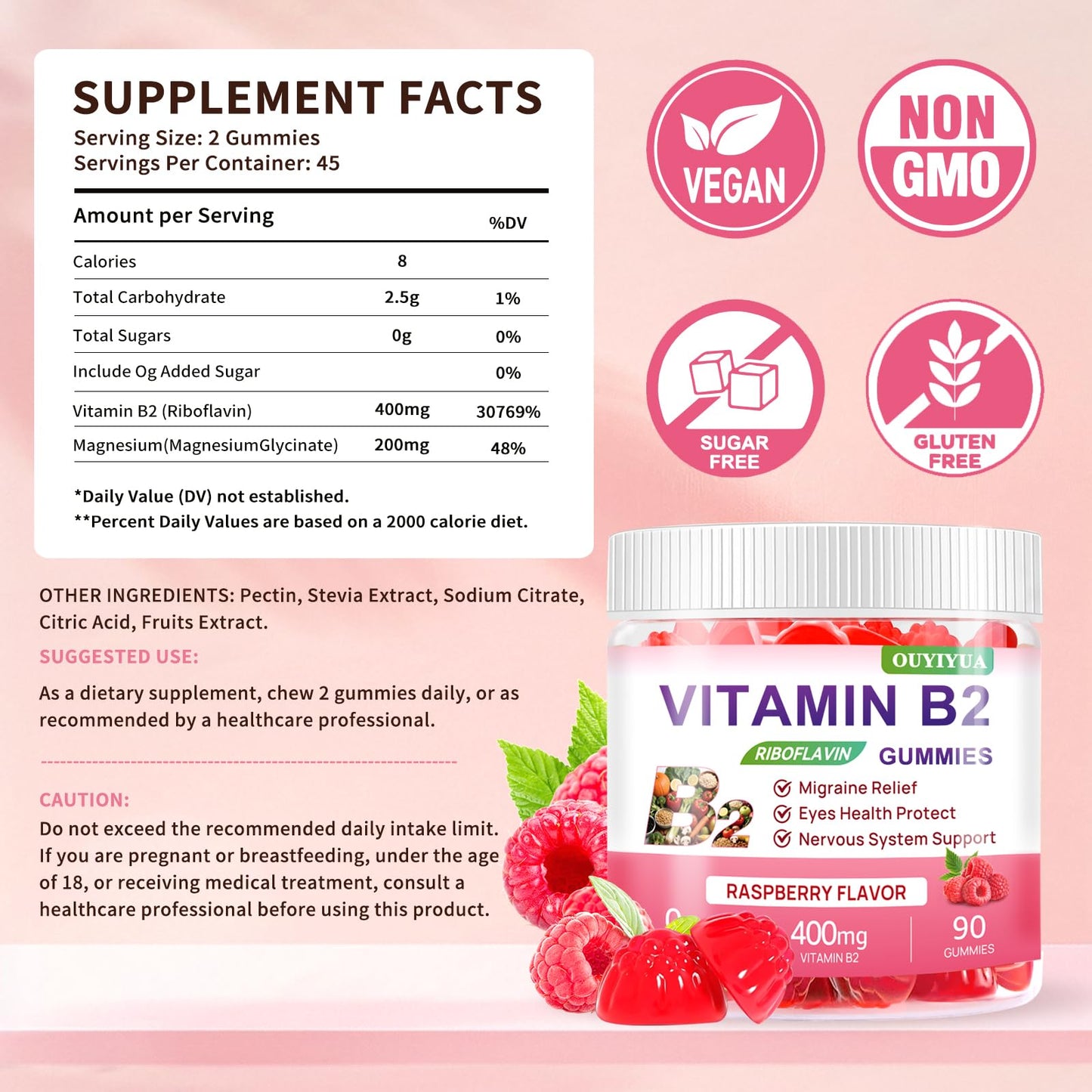 Vitamin B2 Gummies Riboflavin 400mg + Magnesium โ Migraine Relief, Nervous System Support, Vegan & Sugar-Free Raspberry, 90 Count