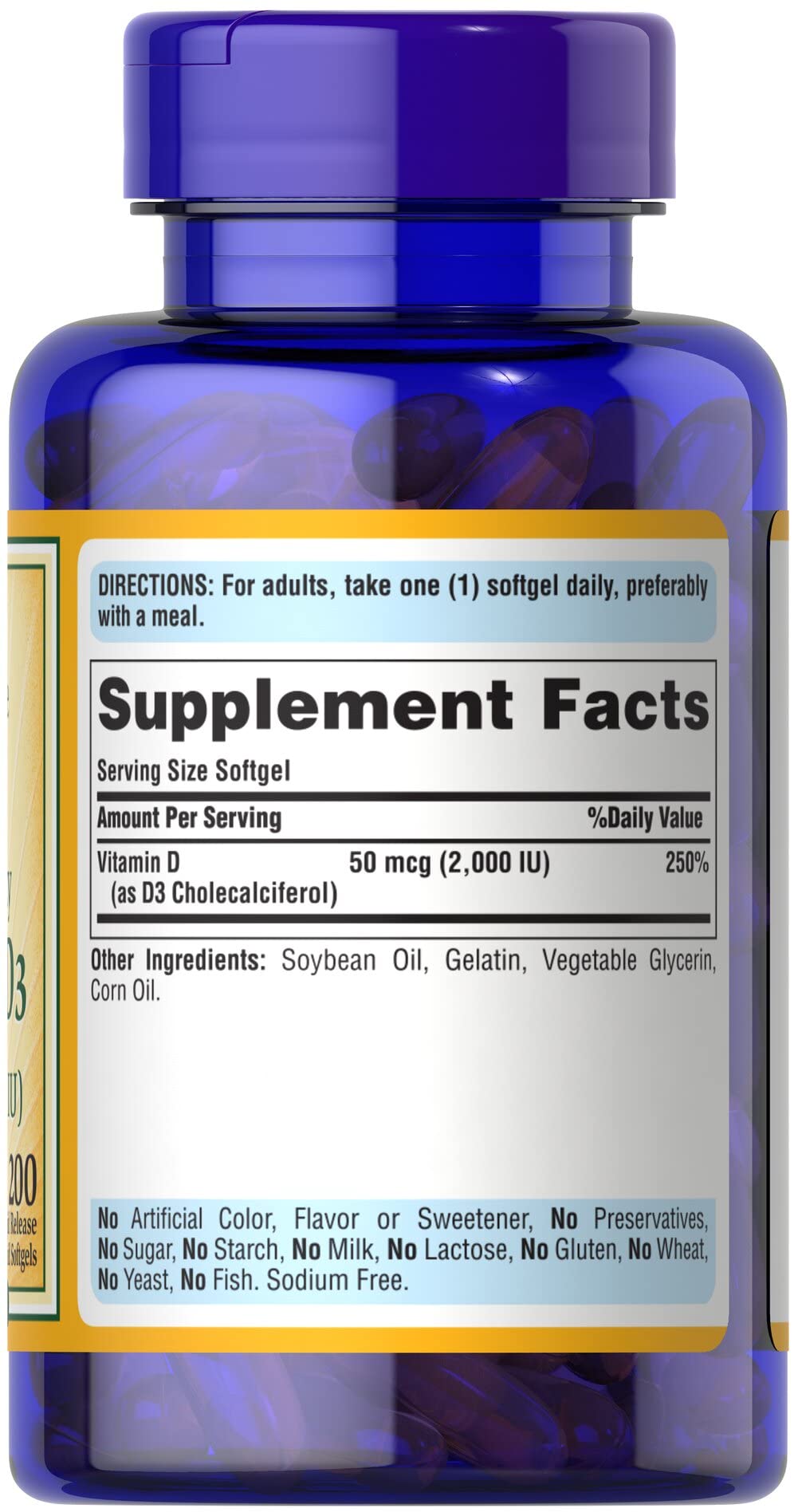 Vitamin D3 50mcg (2,000 IU) Softgels โ Immune Health & Bone Support | Puritan's Pride (200 Softgels)