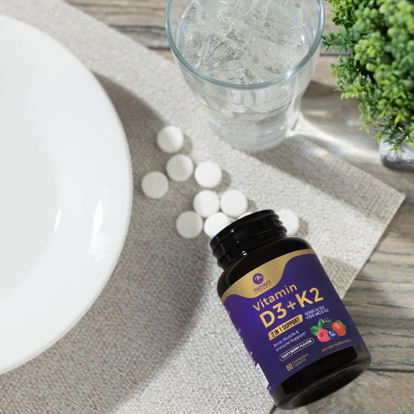 Vitamin D3 K2 5000 IU โ Berry Chewables 60 Tablets | Immune, Bone & Heart Health | Gluten Free, Non-GMO, USA Bottled