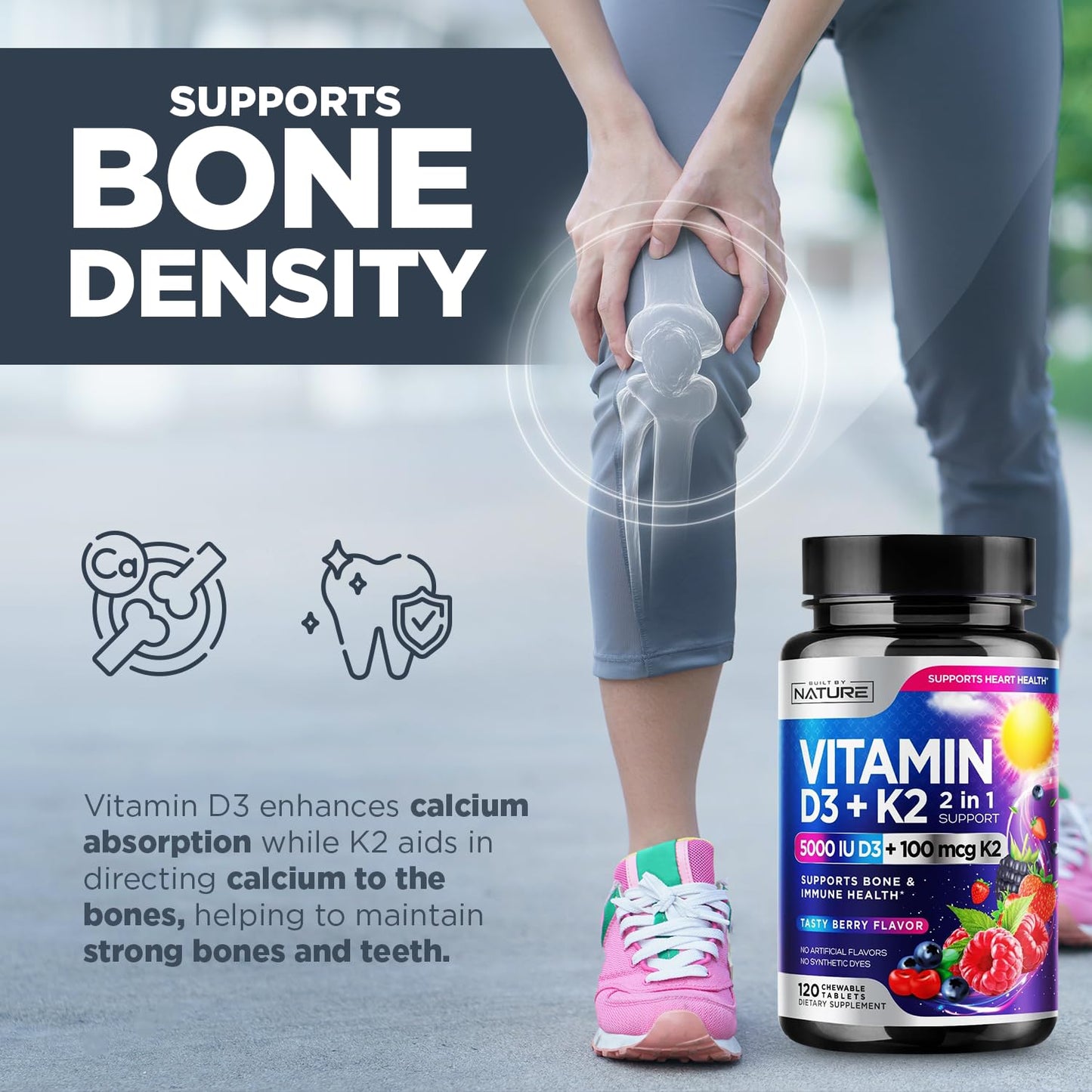 Vitamin D3 K2 Chewable 5000 IU + 100 mcg MK-7 โ 2 in 1 Immune, Heart & Bone Support | Berry Flavor | Non-GMO | 120 Tablets