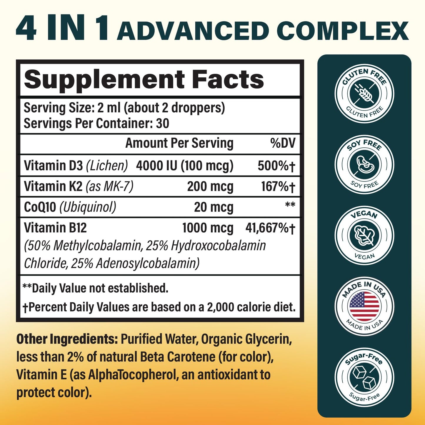 Vitamin D3 K2 MK-7 4000 IU Liquid Drops โ CoQ10 & B12 for Bone Health