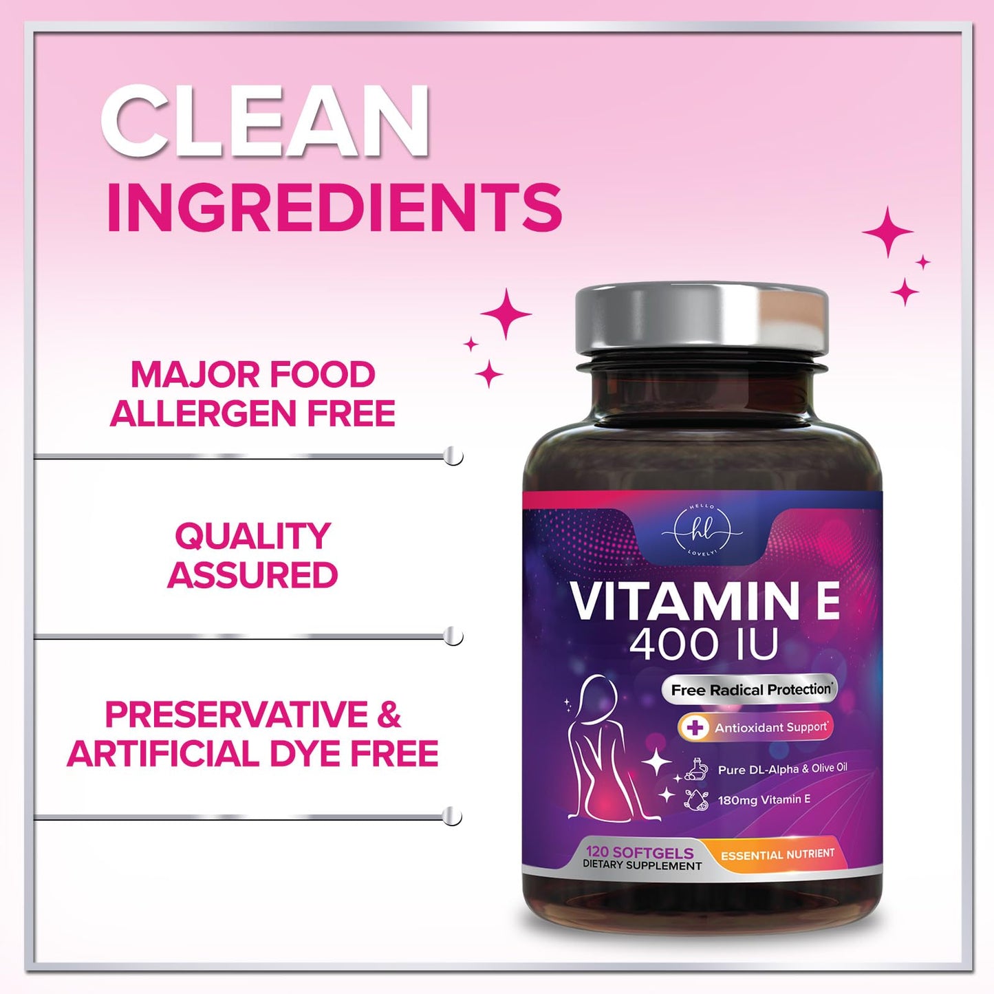 Vitamin E 400 IU Softgels โ Hair & Skin Support, Immune Health, Non-GMO, Gluten Free (120 Softgels)