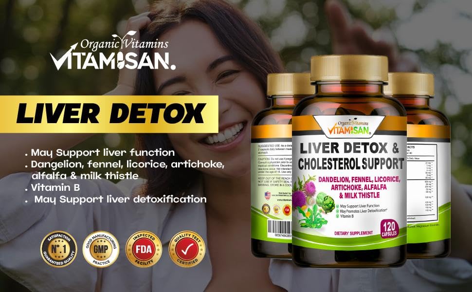 VITAMISAN Liver Cleanse Detox Supplements โ Milk Thistle, Dandelion, Artichoke (Pack of 2, 120 Caps Each)