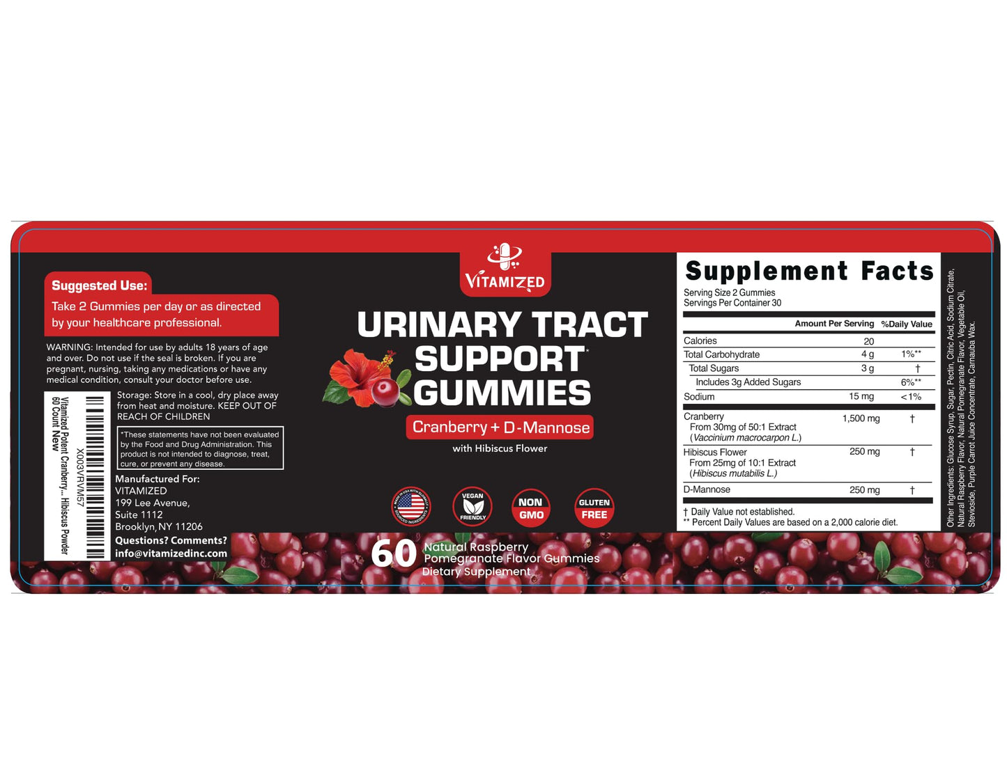 VITAMIZED Cranberry Gummies 1500mg + D-Mannose โ Urinary Tract Health (60 Count)