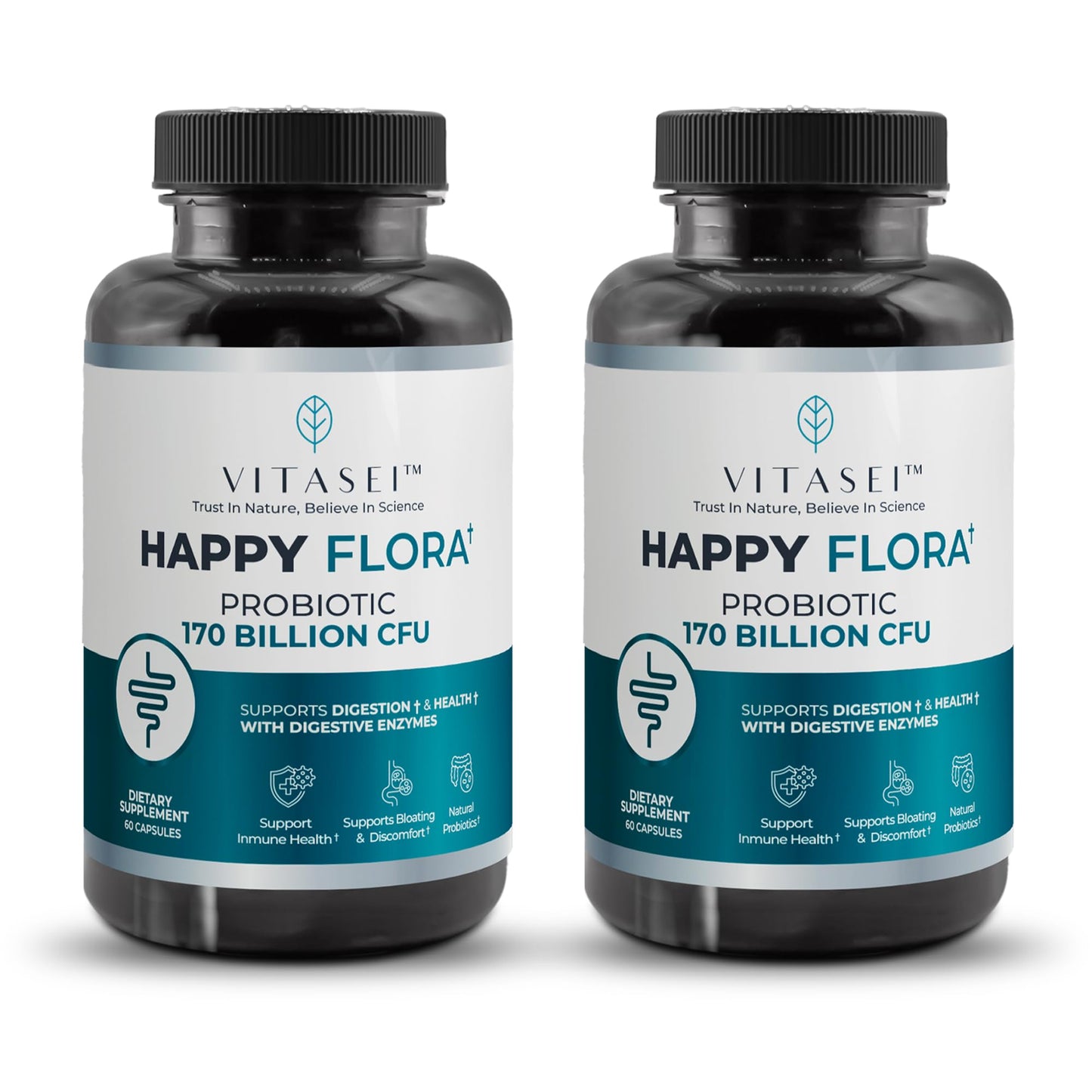 VITASEI Happy Flora Probiotic 170 Billion CFU โ Digestion Enzymes, 2x120 Capsules