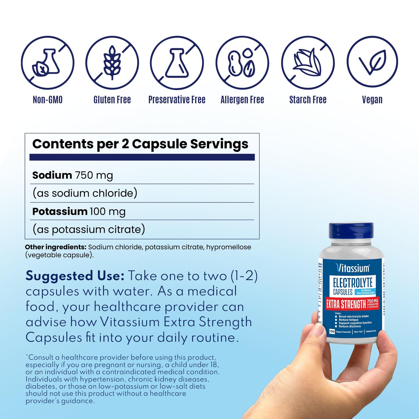 Vitassium Extra Strength Electrolyte Capsules โ 750mg Sodium for POTS Support, Unflavored, 100 Pills (Size 00)