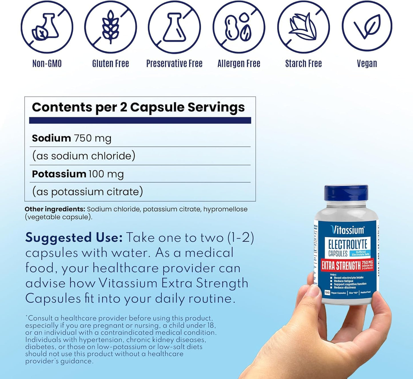 Vitassium Extra Strength Electrolyte Capsules โ 750mg Sodium, Unflavored, 200 Capsules (Size 00)