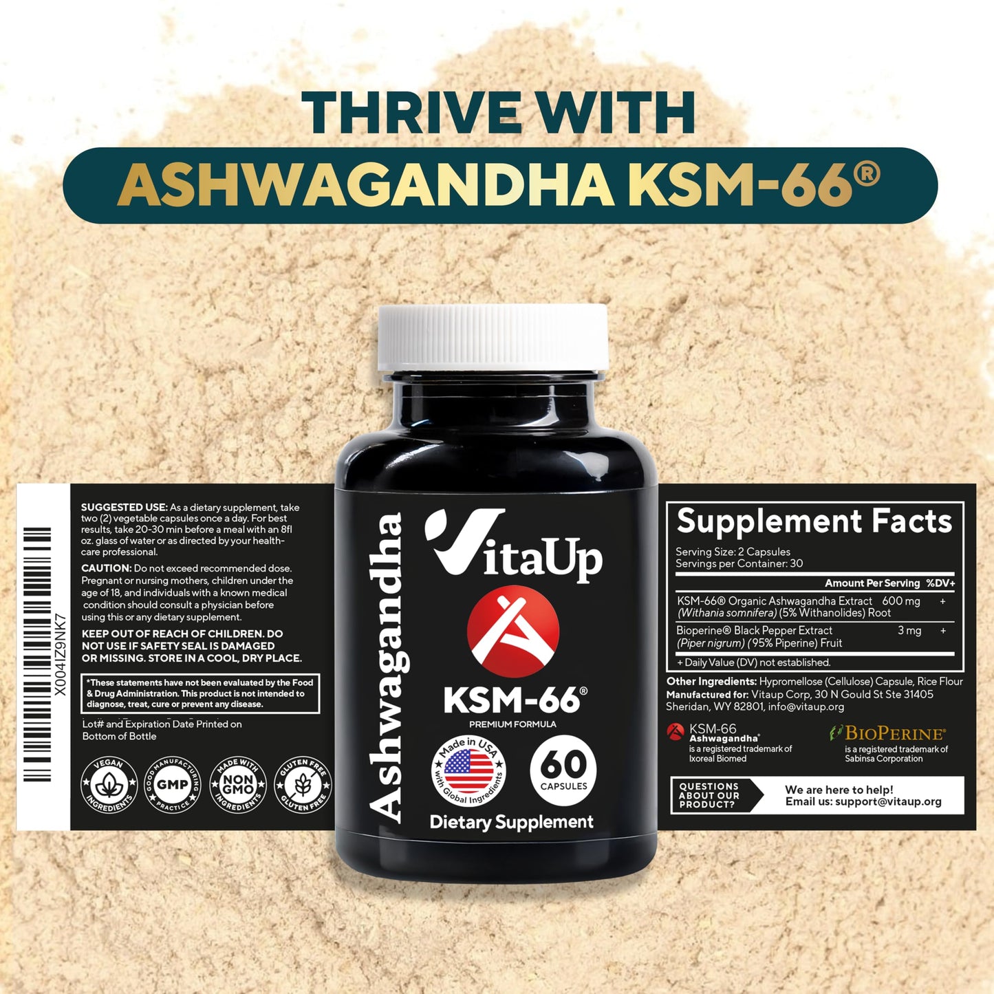VitaUp Ashwagandha KSM-66 with Bioperine โ USA Made, Relaxation & Focus