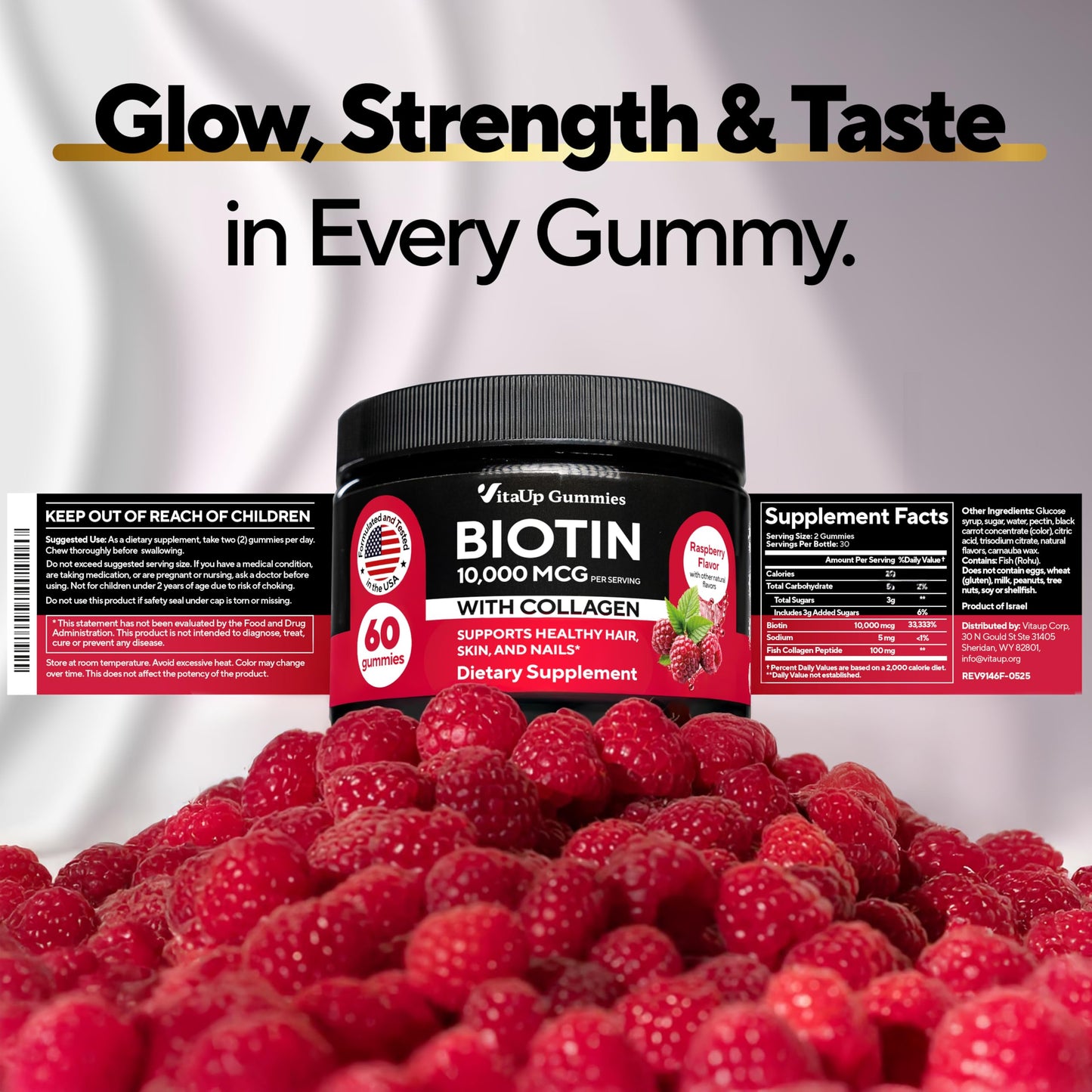 VitaUp Biotin Gummies 10000mcg β Extra Strength Hair, Skin & Nails with Collagen (60 ct)