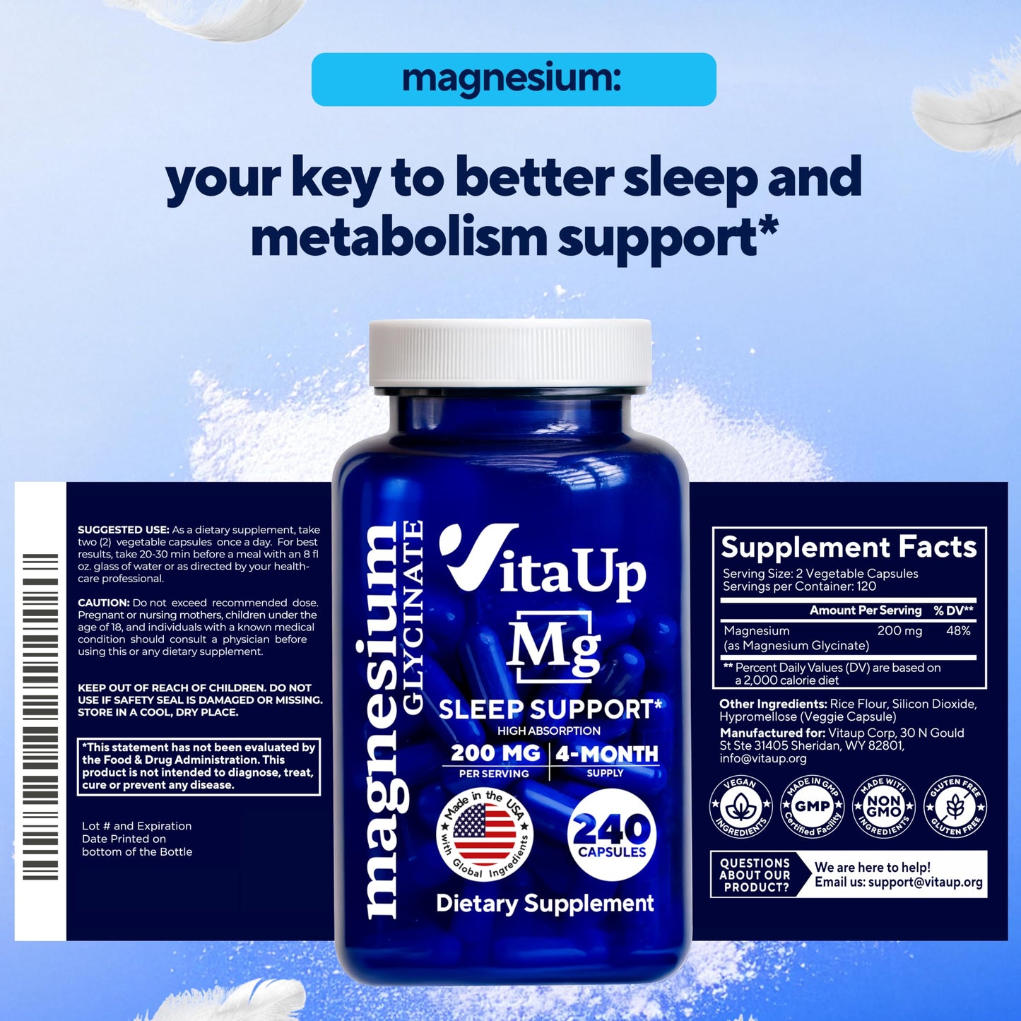 VitaUp Magnesium Glycinate 200mg โ USA Made, Sleep & Heart Support