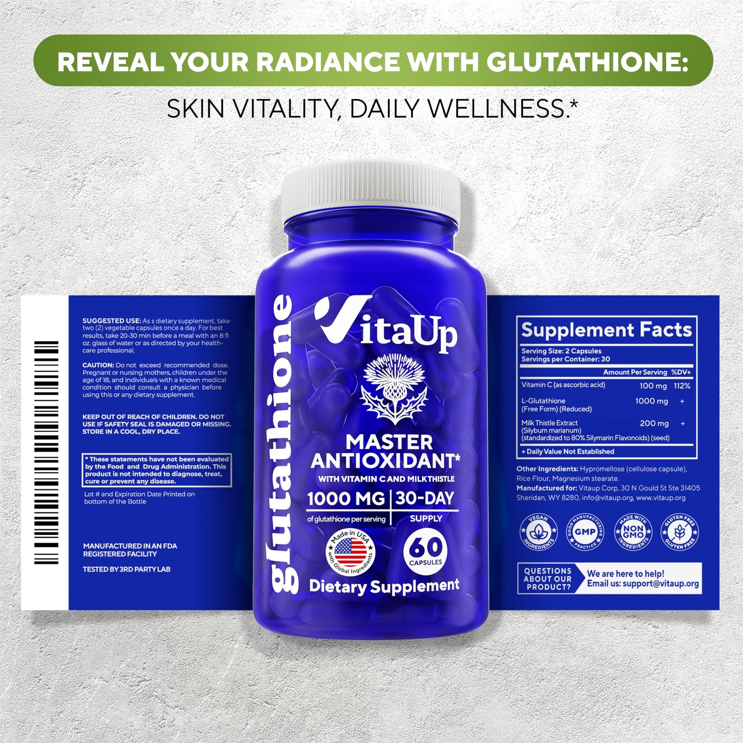 VitaUp Reduced Glutathione 1000mg Capsules β USA Made, Vitamin C & Milk Thistle (60 Count)