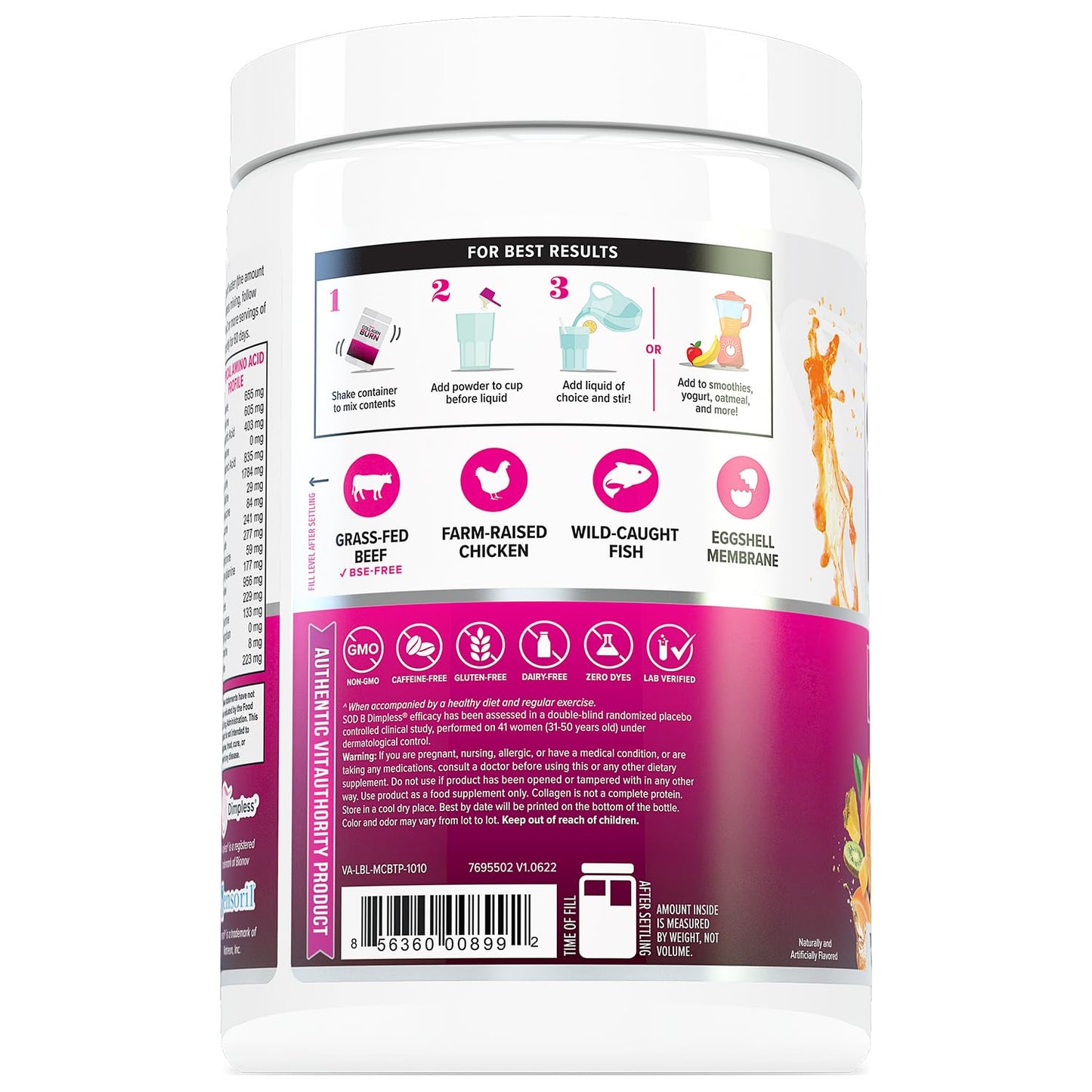 Vitauthority Multi Collagen Burn β 5 Types Collagen, Hyaluronic Acid, Vitamin C, SOD B Dimpless, Caffeine, Tropical Punch, 30 Servings