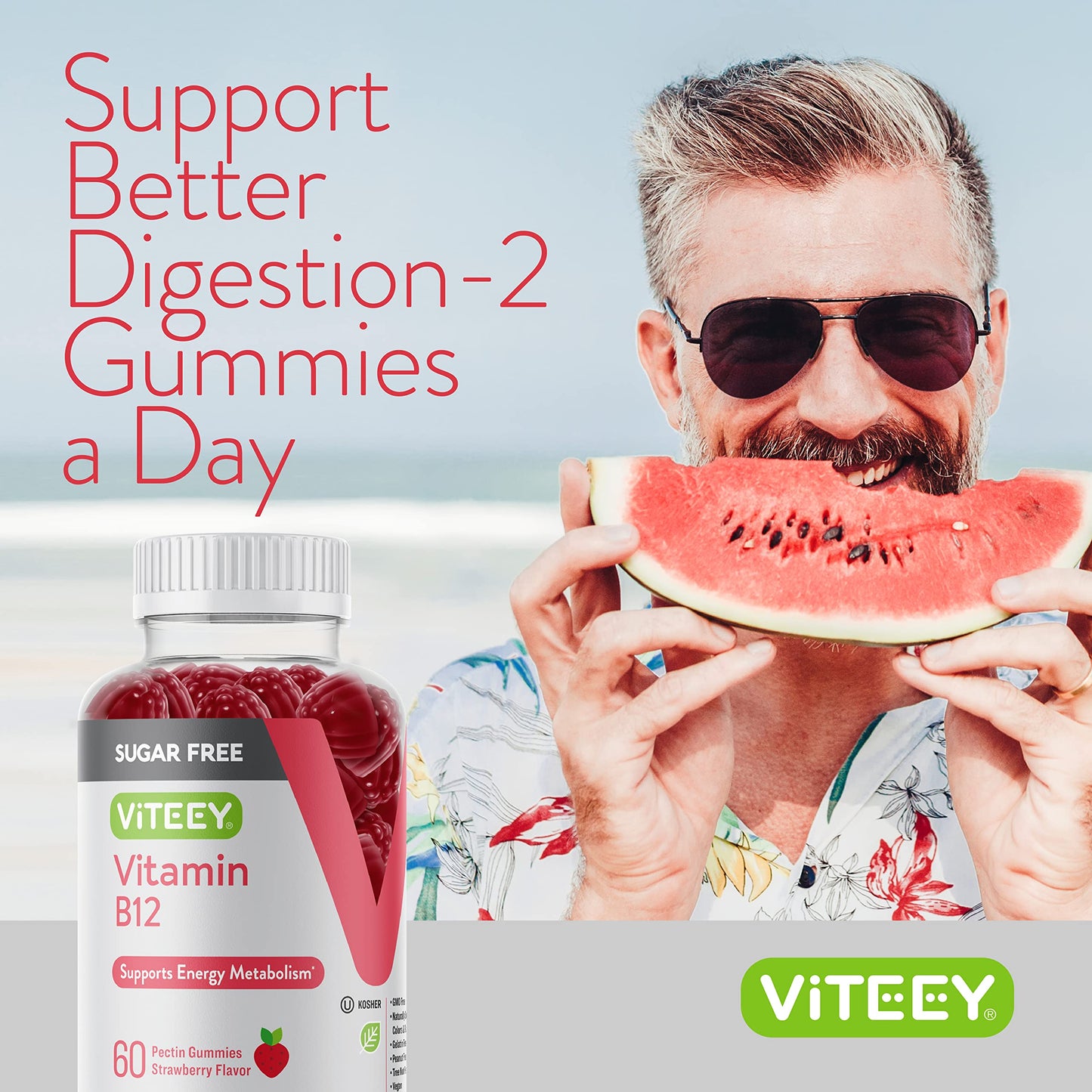 Viteey Vitamin B12 Gummies 1000mcg โ Sugar Free, Strawberry (Adults & Teens) | Vegan, Gelatin Free