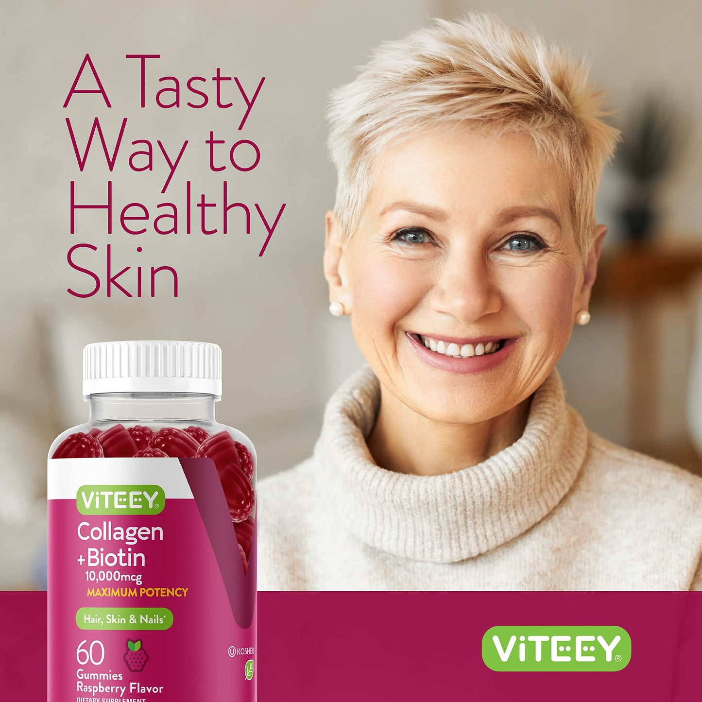 Viteey Collagen Gummies with Biotin โ Hair, Skin & Nails Vitamins | Vegan & Gluten Free | 120 Count