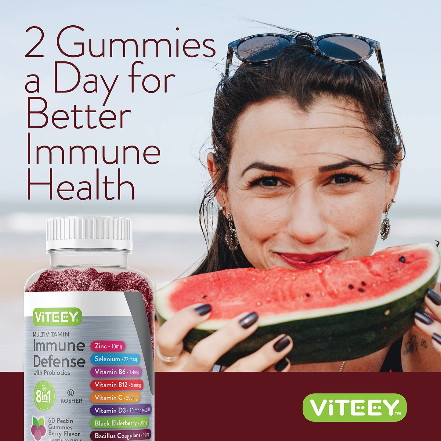 Viteey Multivitamin Gummies 8 in 1 Immune Support with Probiotics โ Vegetarian, Gelatin Free, Non-GMO | 120 Gummies