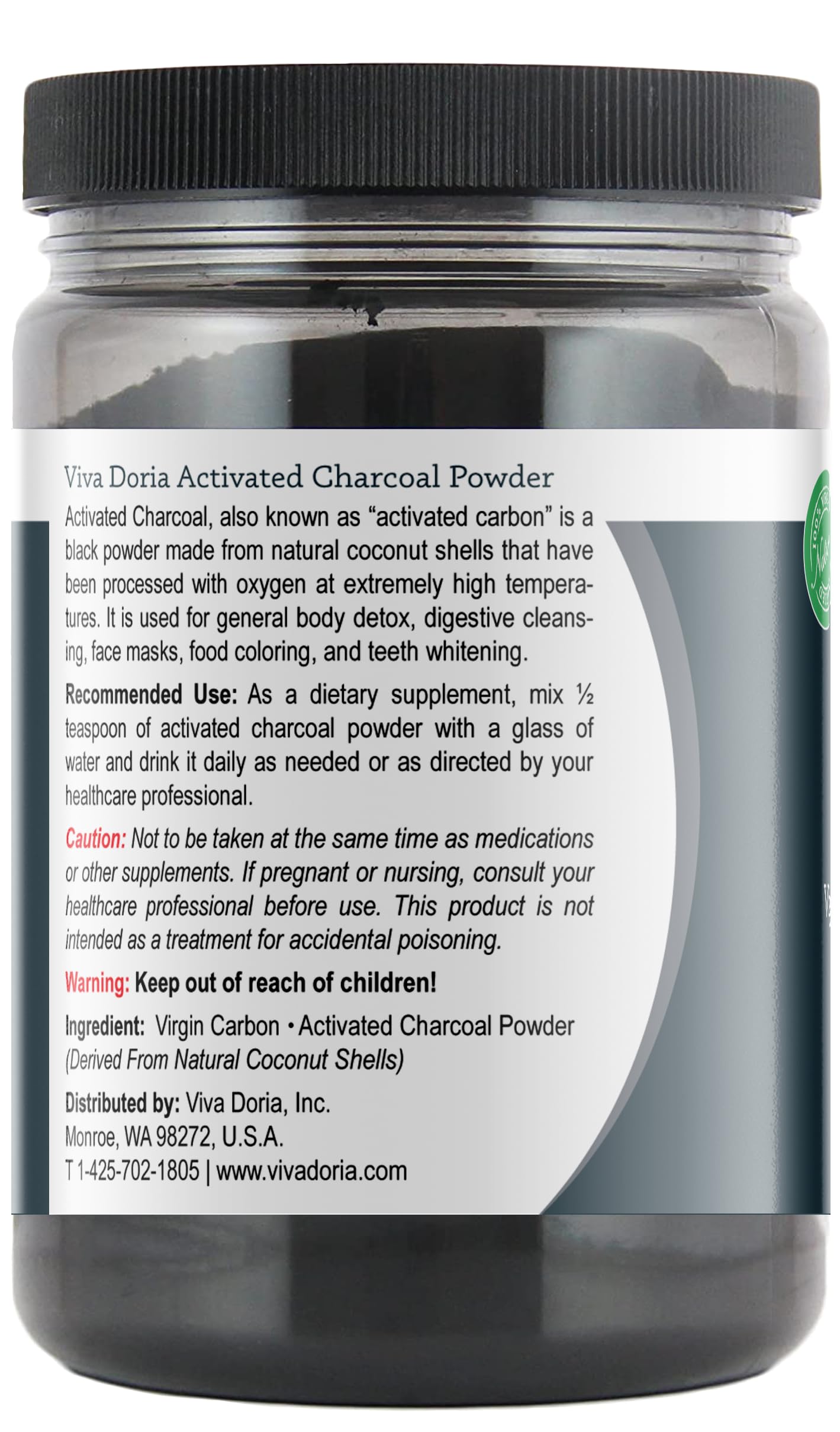 Viva Doria Virgin Activated Charcoal Powder โ Coconut Shell Derived, Food Grade, 16 oz