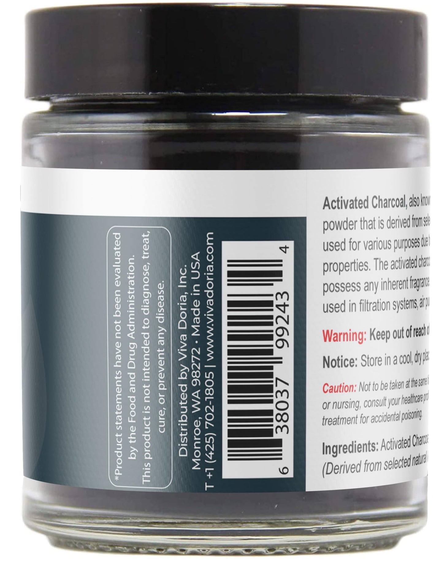 Viva Doria Activated Charcoal Powder โ Hardwood Derived, Food Grade, 1.2 oz Glass Jar