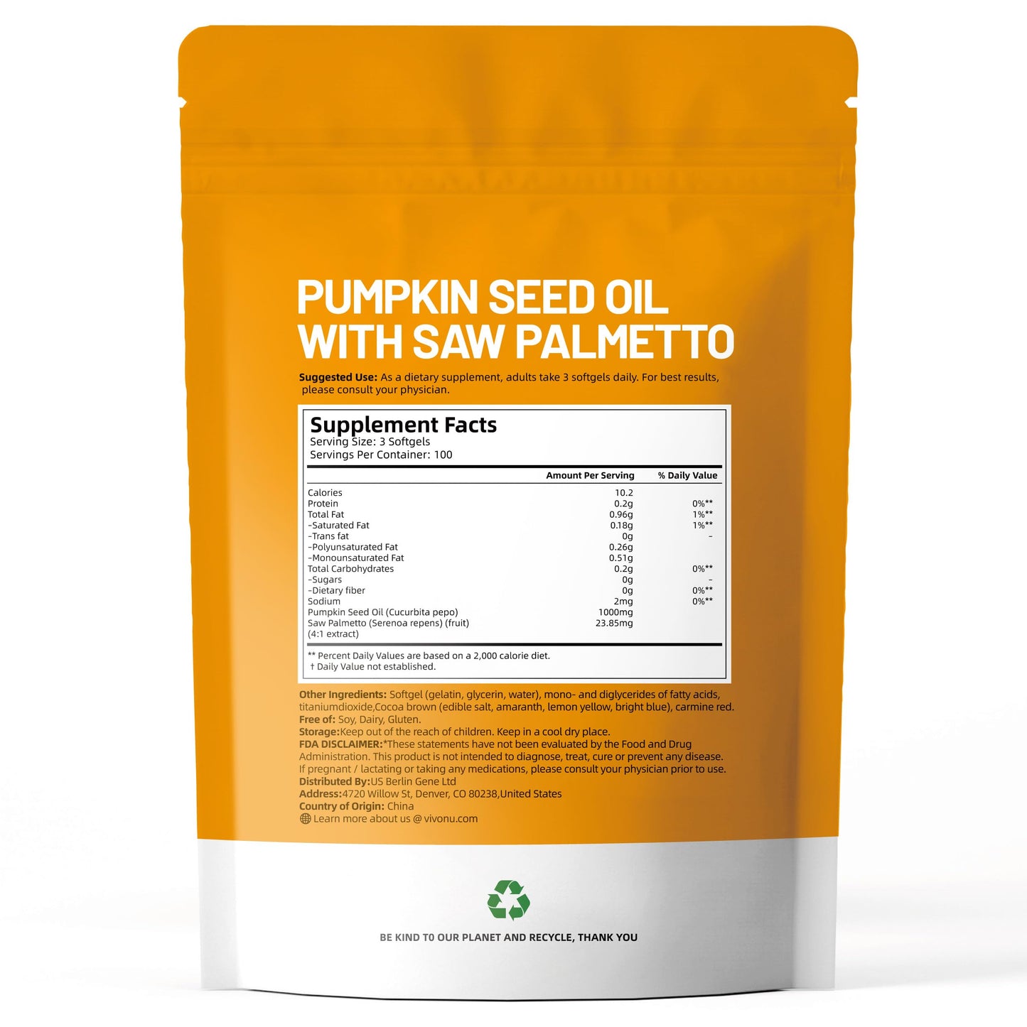 VivoNu Pumpkin Seed Oil with Saw Palmetto โ Cold Pressed, 300 Softgels