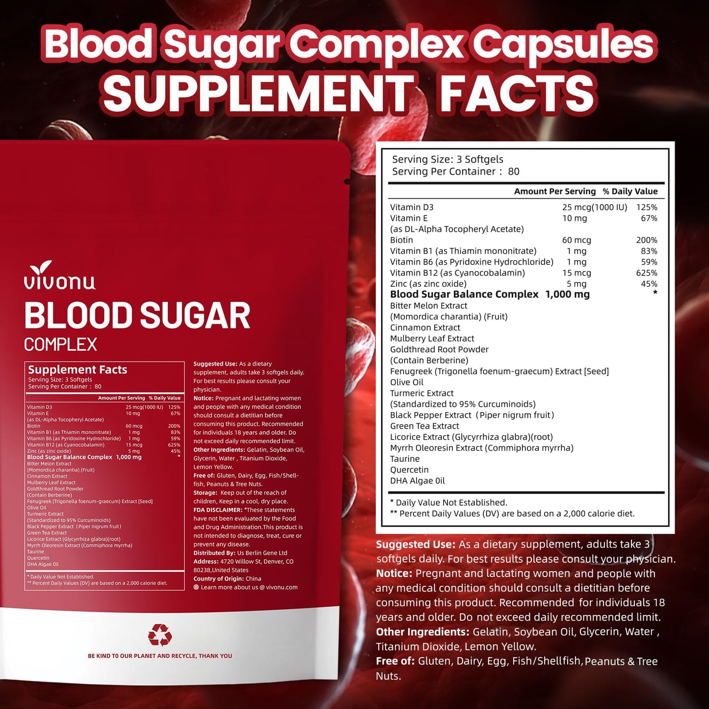 VivoNu Blood Sugar Complex – Advanced 20-Herb Formula with Cinnamon & Turmeric | Vegan, Non-GMO, Gluten-Free (240 Softgels)