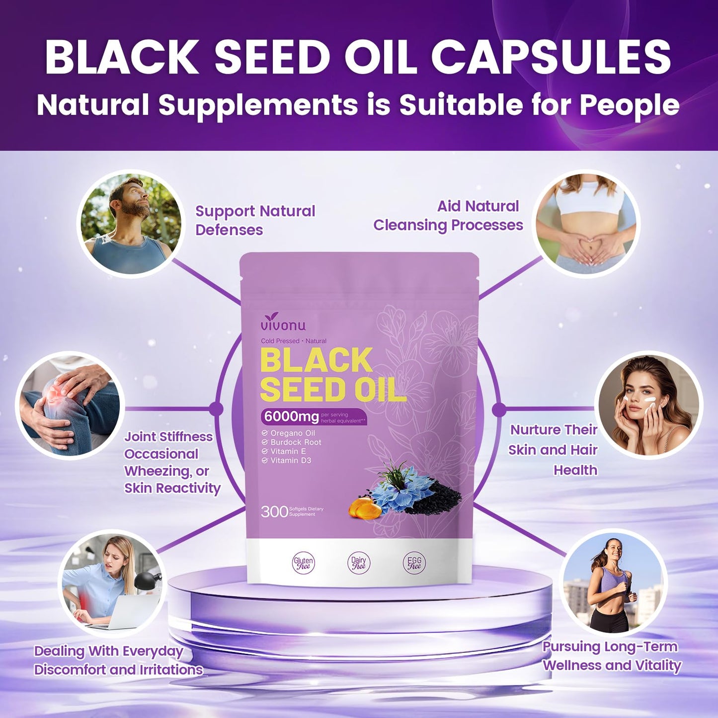 VivoNu Black Seed Oil Capsules โ 6000mg, 300 Count | 9-in-1 Immune Support