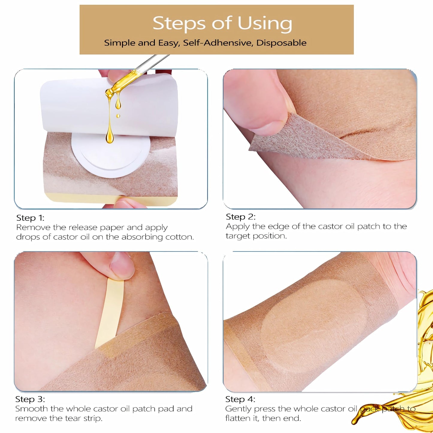 VonTeok 12Pcs Hypoallergenic Castor Oil Pack Wrap โ Belly Button, 3.2 x 3.2 in, Disposable & Self-Adhesive