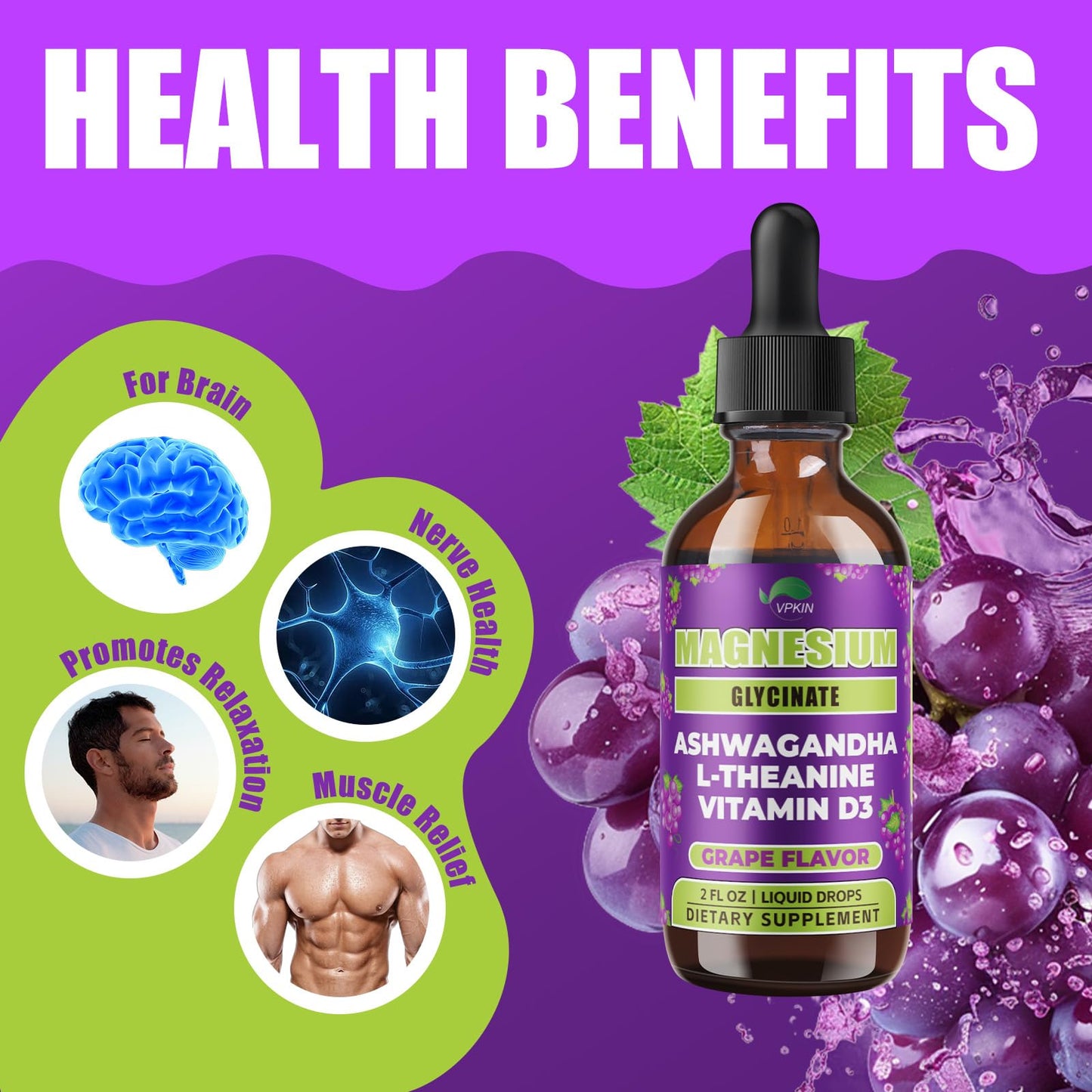 VPKIN Magnesium Liquid with Ashwagandha & L-Theanine โ Sleep & Immune Support (Grape, 2 oz)