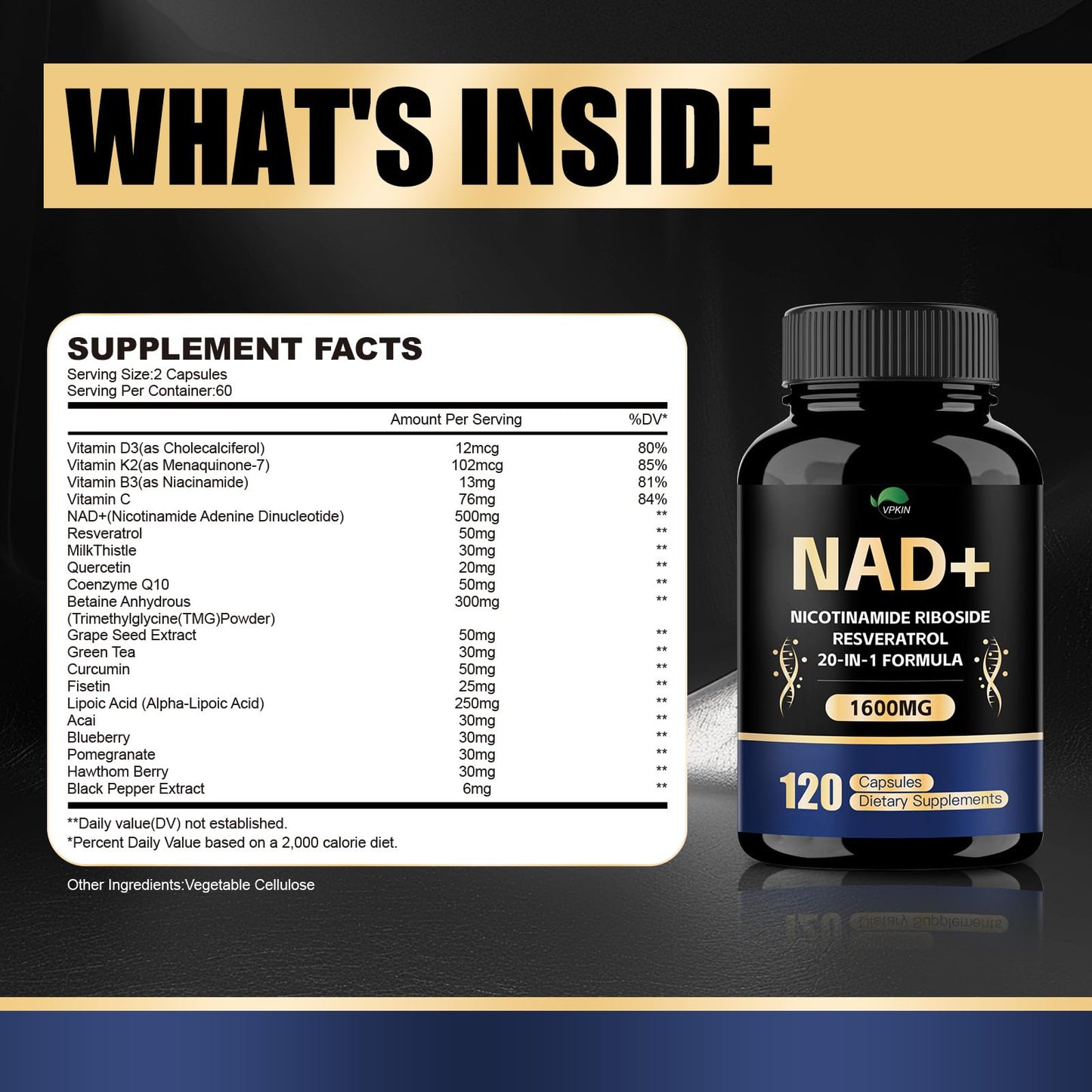 VPKIN NAD Supplement 1500mg NAD+ with Resveratrol, Nicotinamide, Quercetin & CoQ10 โ 120 Vegan Capsules (Non-GMO)
