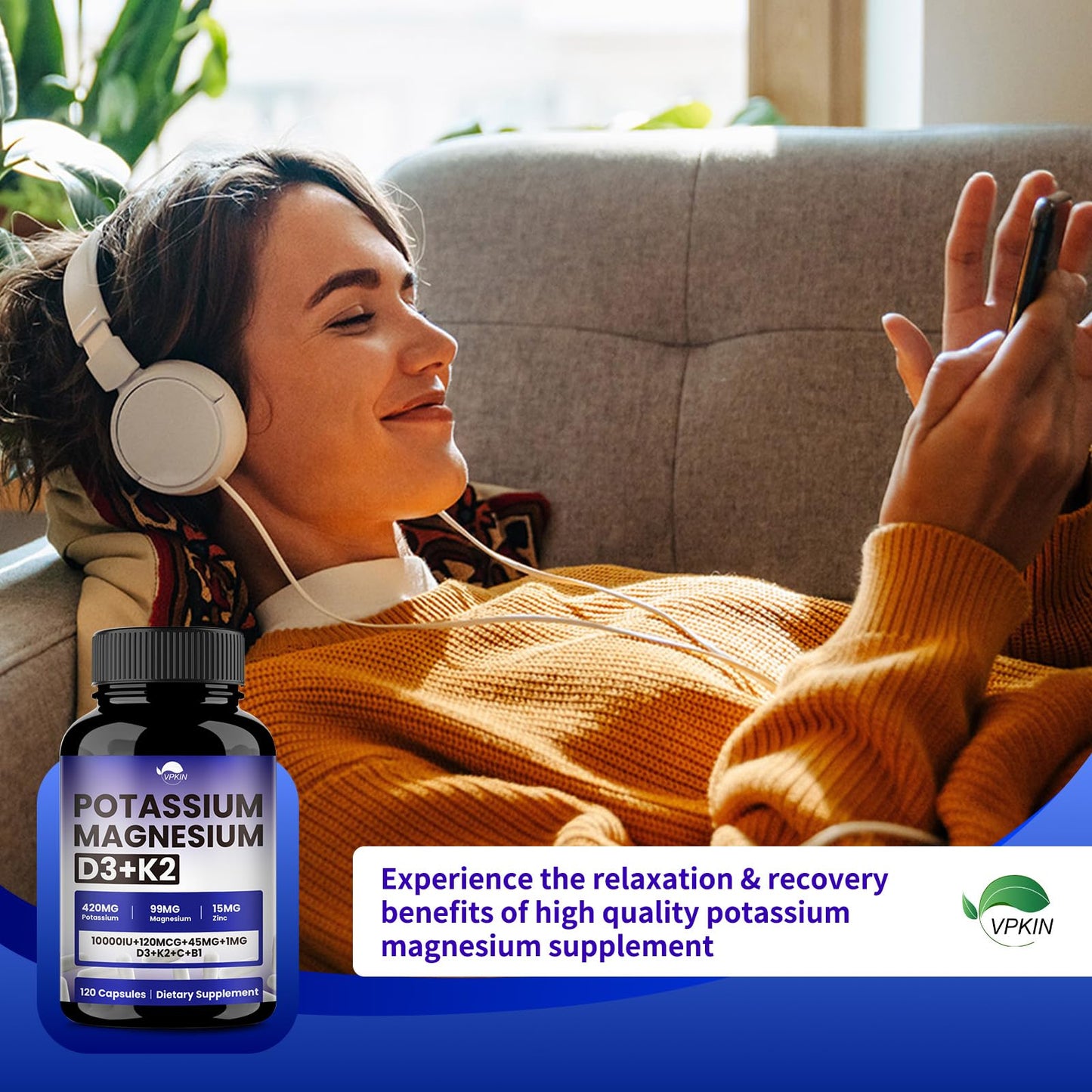 VPKIN Potassium Magnesium Zinc & D3 K2 Supplement โ 120 Vegan Capsules, Immune & Energy Support