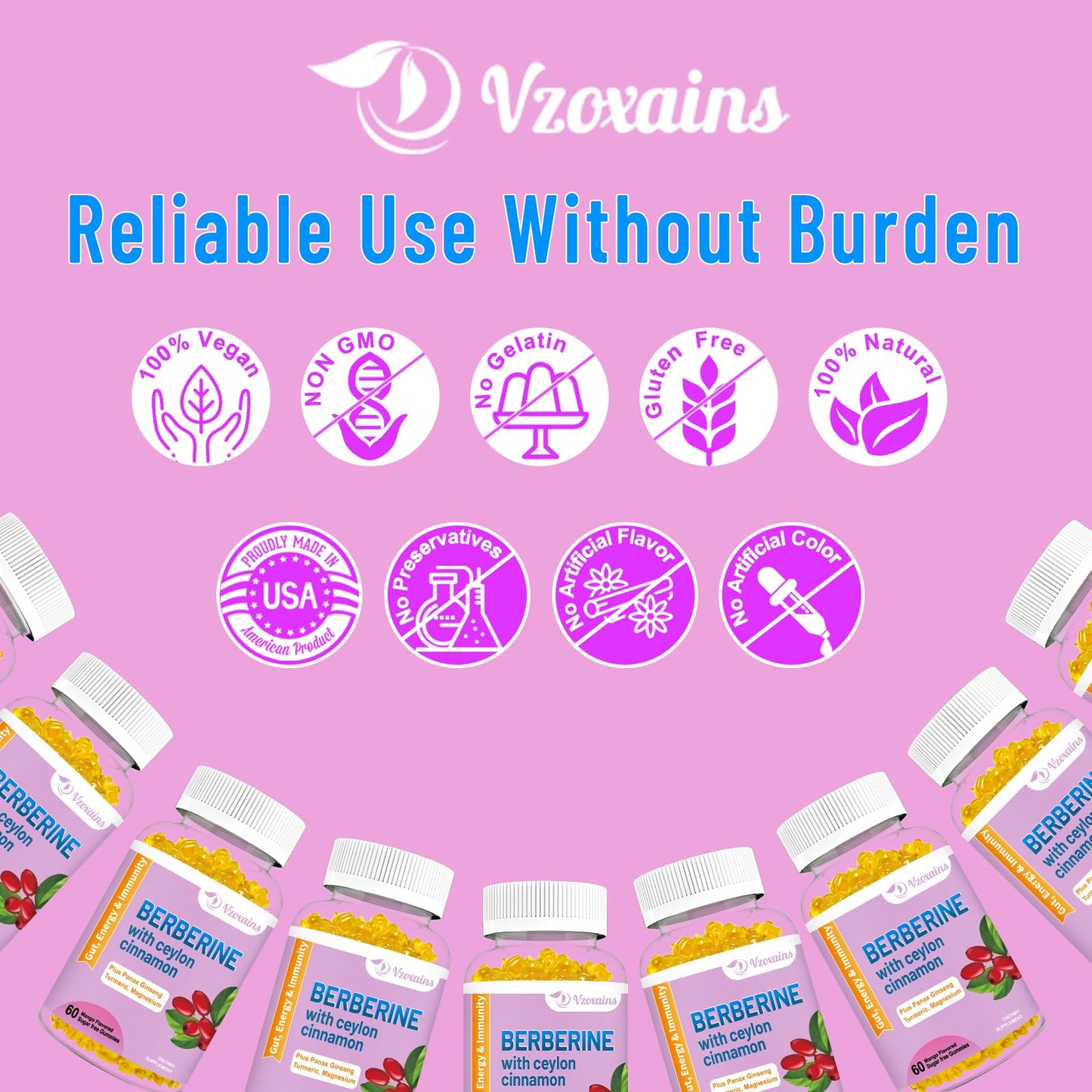 VZOXAINS Berberine with Ceylon Cinnamon Gummies โ High Potency Berberine HCl, Immune Health Support, 120 Mango Gummies