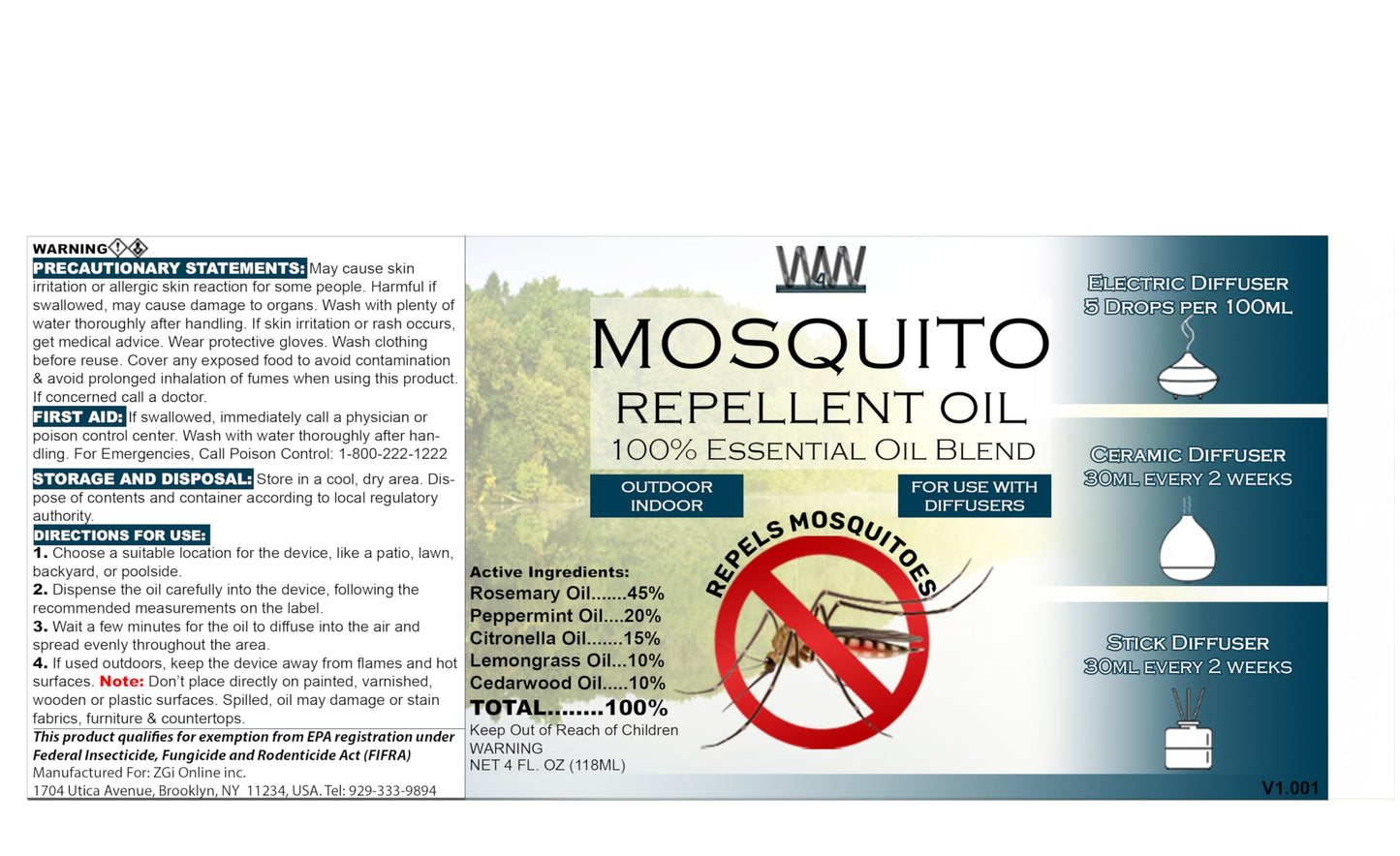 W4W Mosquito Oil β 100% Essential Oil Blend (4 oz) for Diffusers & Sprays