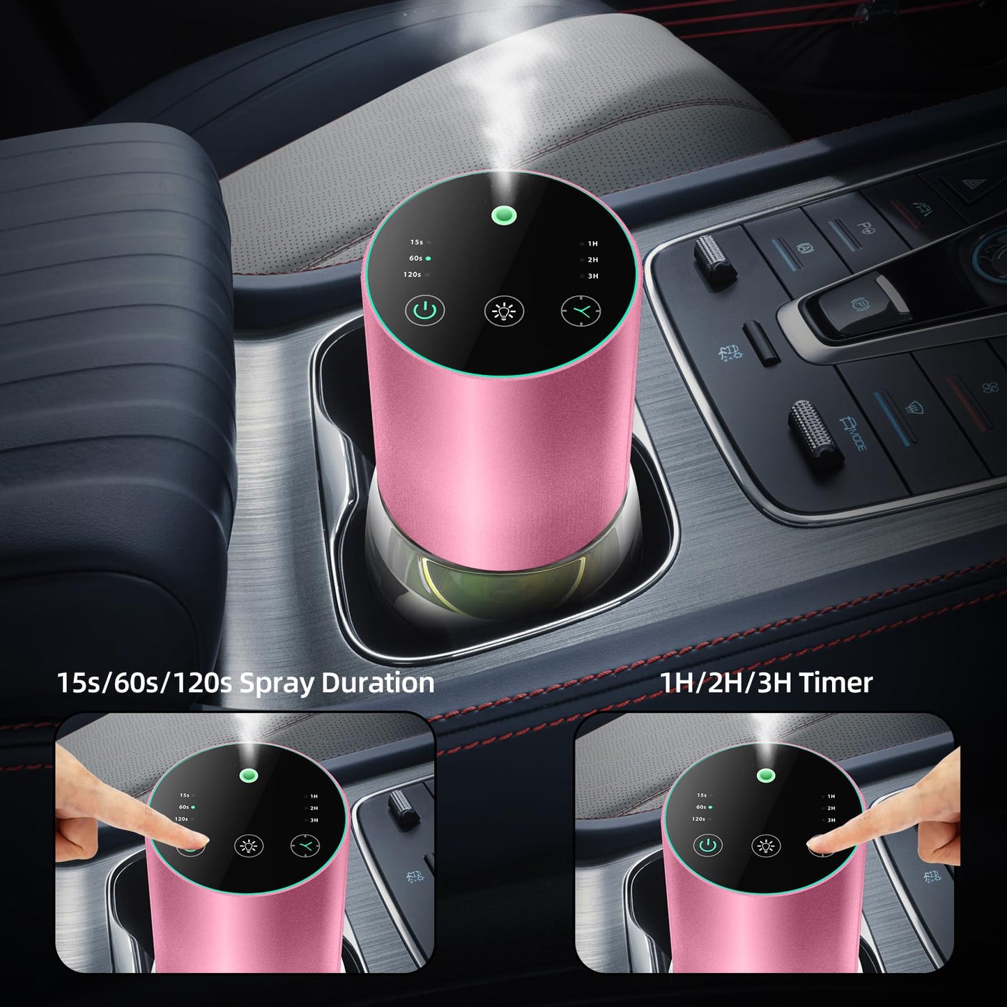 Waterless 100ml Car Diffuser โ Battery Powered, Cordless Aromatherapy, 7-Color LED (Pink) with Timer