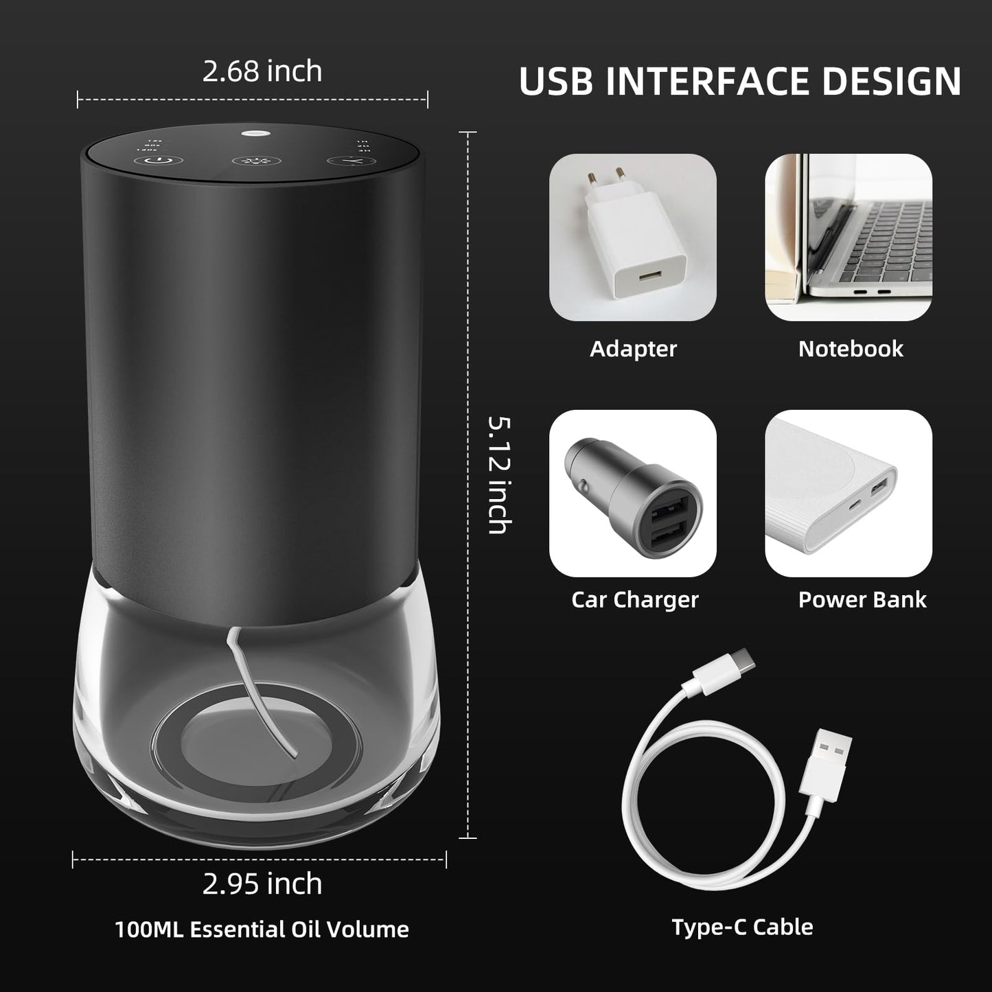 Waterless Diffuser 100ML Battery-Powered Car Diffuser with 7 LED Colors & 3 Mist Levels