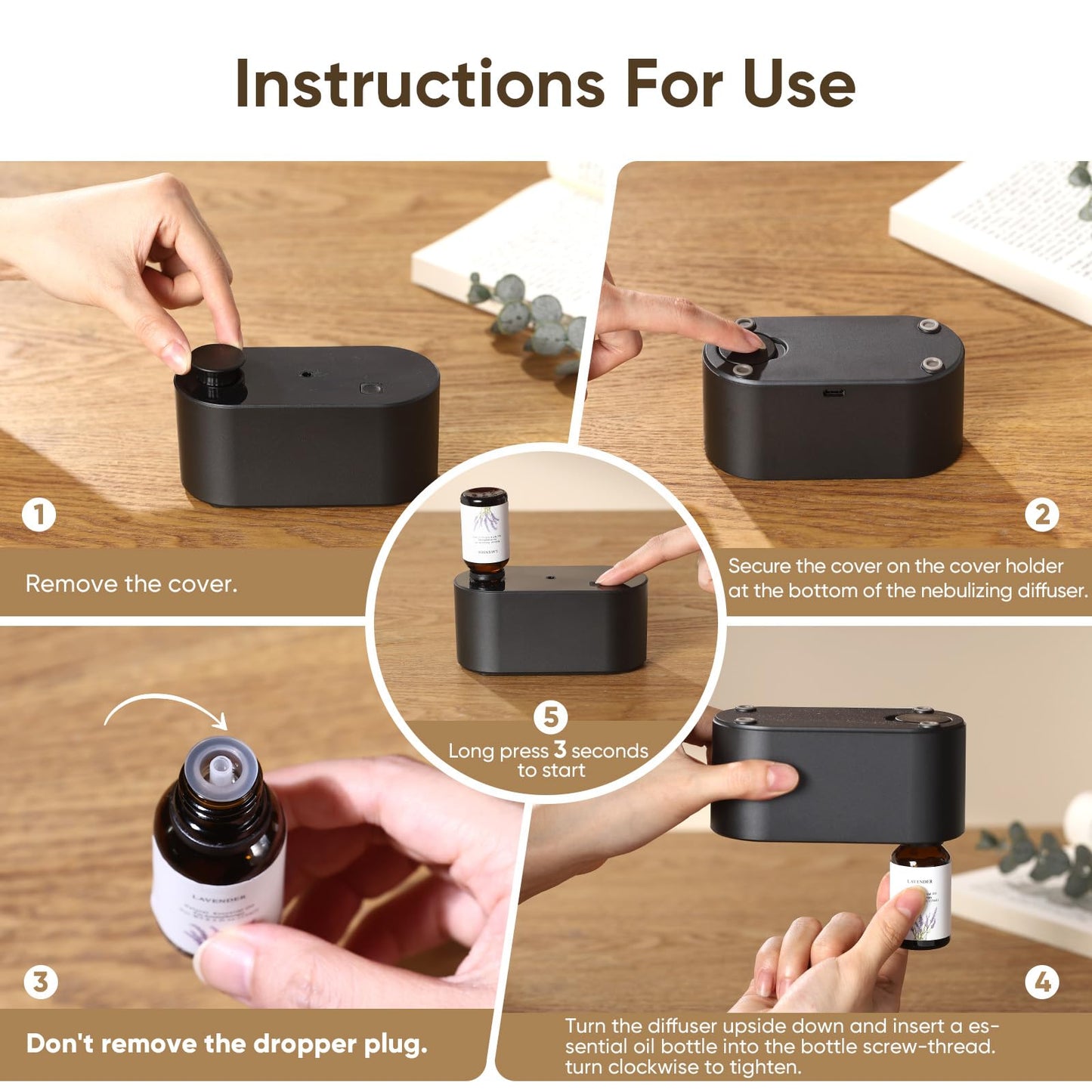 Waterless Diffuser for Home & Office โ 3 Mist Modes, Portable Aromatherapy Diffuser (350-700 sq ft), Black