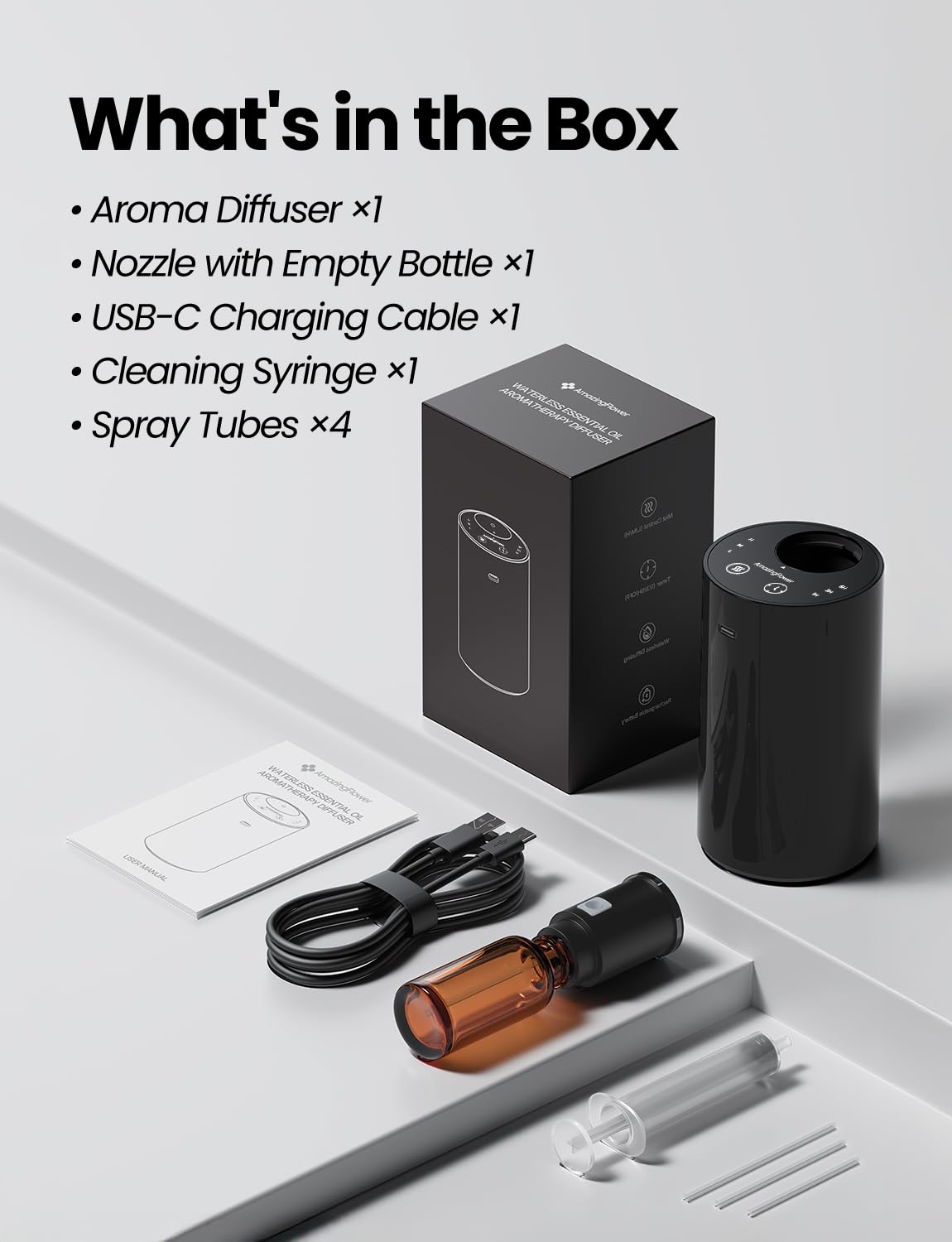 Waterless Portable Essential Oil Diffuser โ 20mL, Battery-Operated (Black)