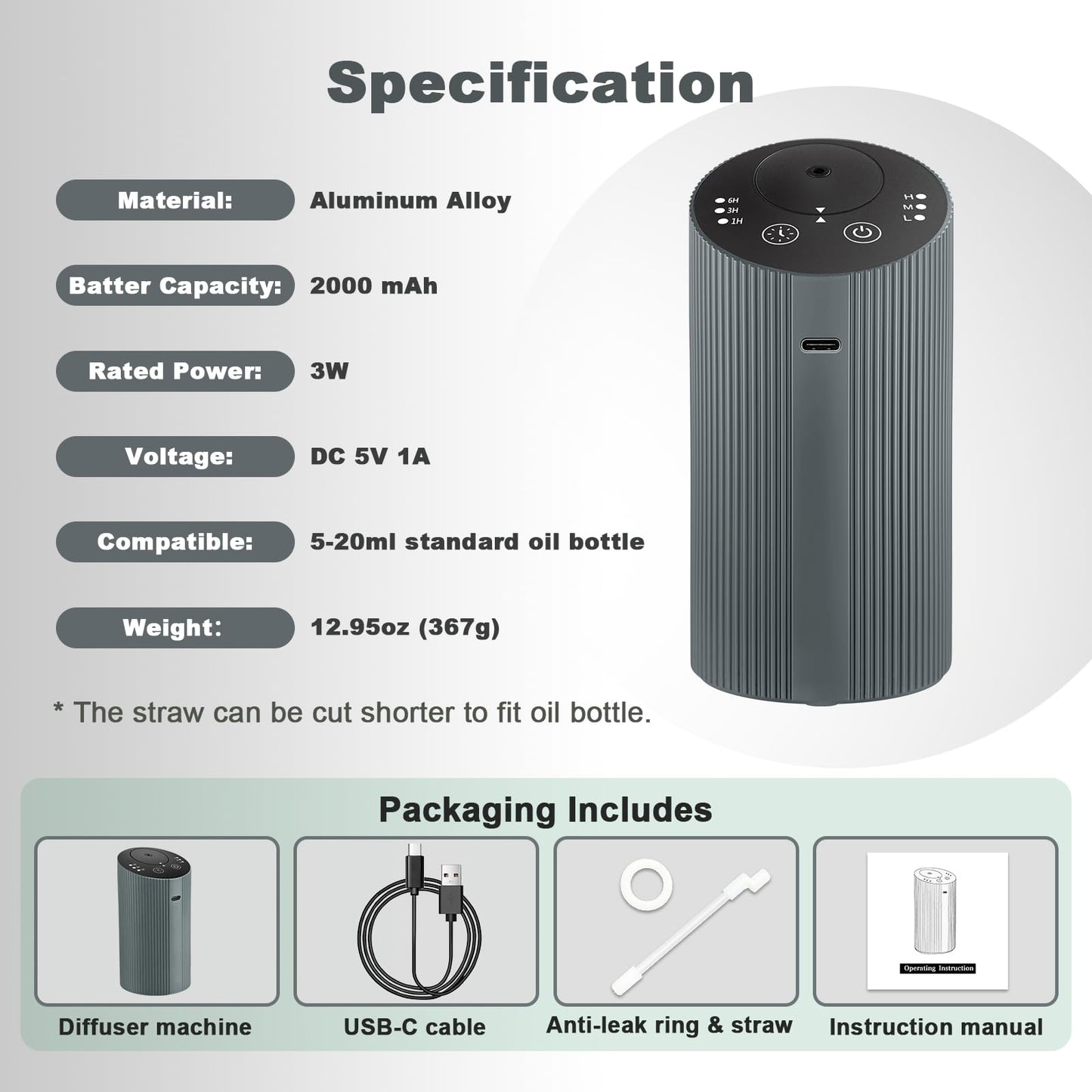Waterless Essential Oil Diffuser โ Portable Rechargeable Aroma Diffuser (4 Timers, 3 Mist Levels) Silver Grey
