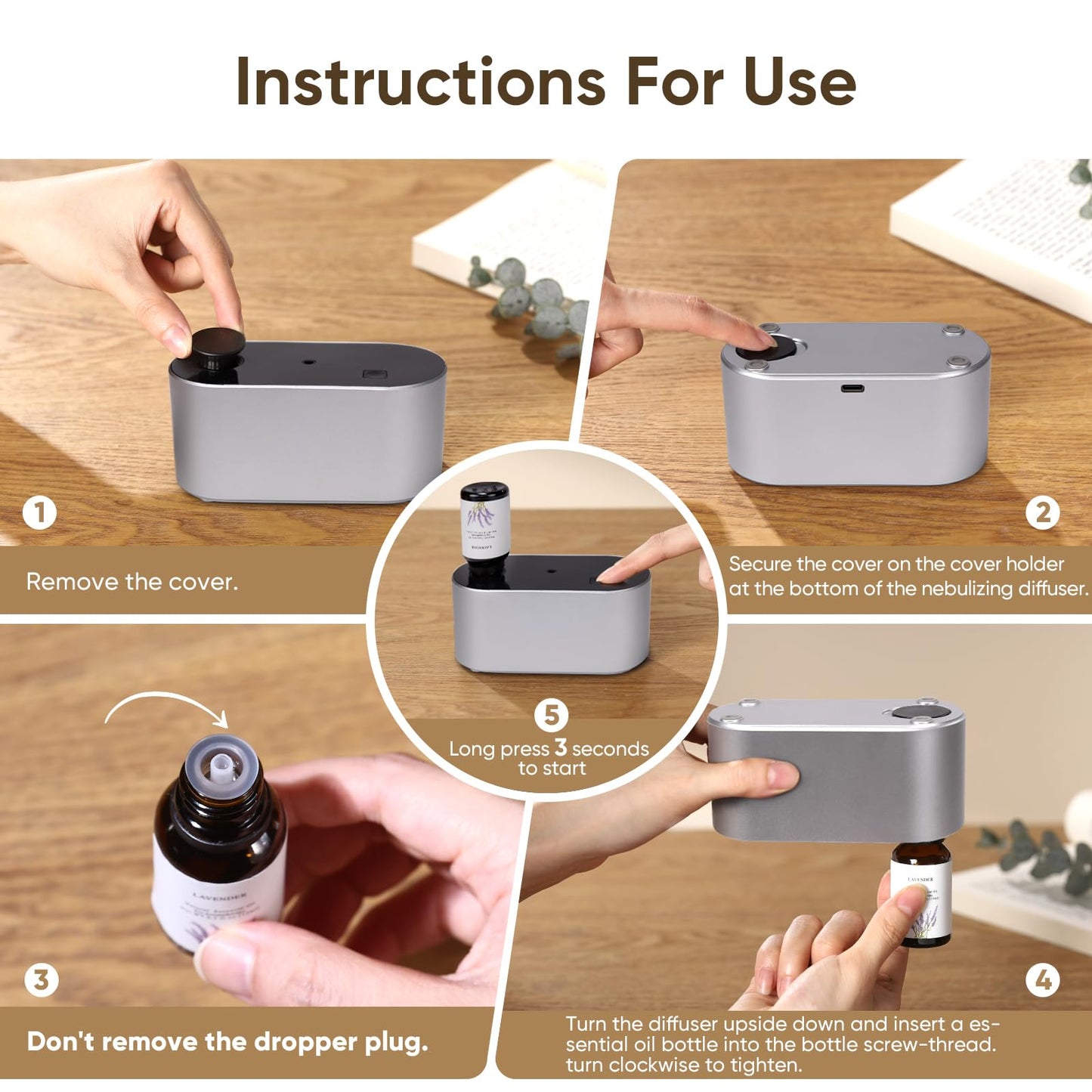 Waterless Diffuser for Home β 3 Mist Modes, Portable Essential Oil Aromatherapy (160 sq ft) β Silver