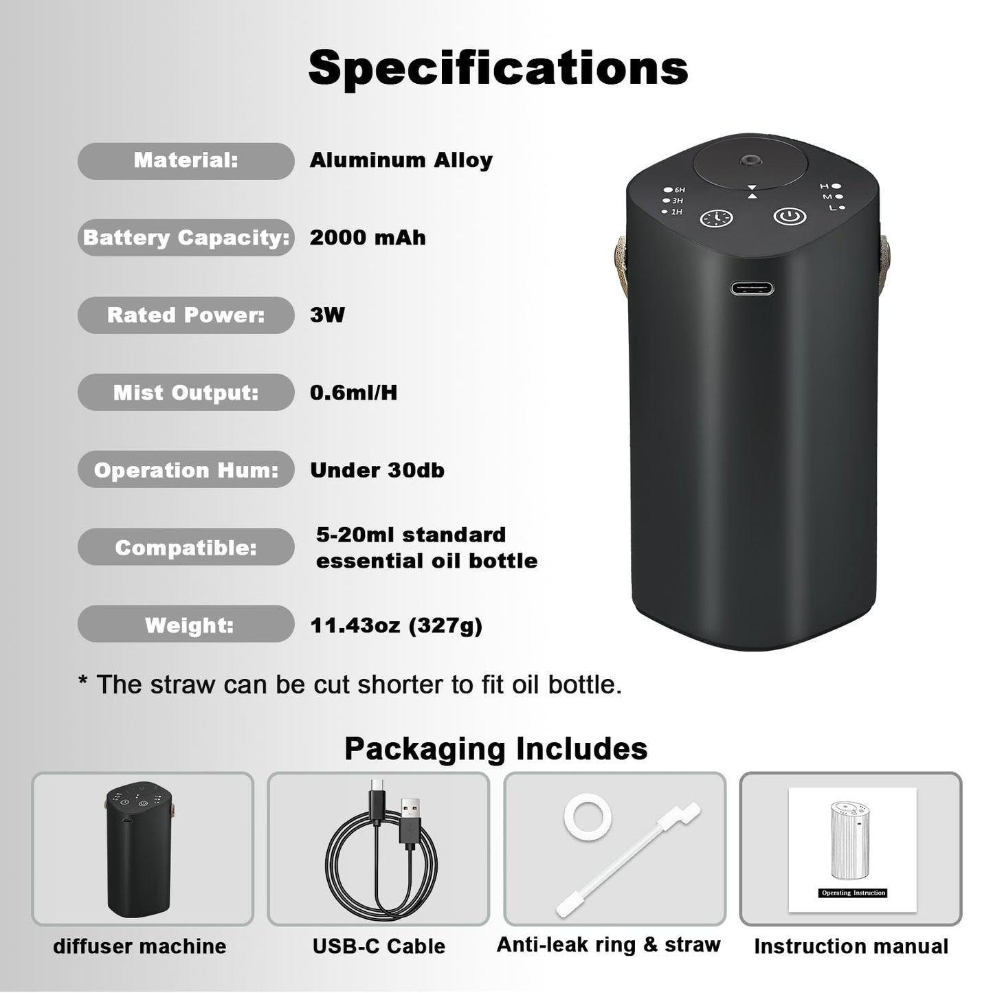 Waterless Essential Oil Diffuser with Handle โ Portable Cordless Aroma Diffuser for Car, Home, Office, Bathroom | Black