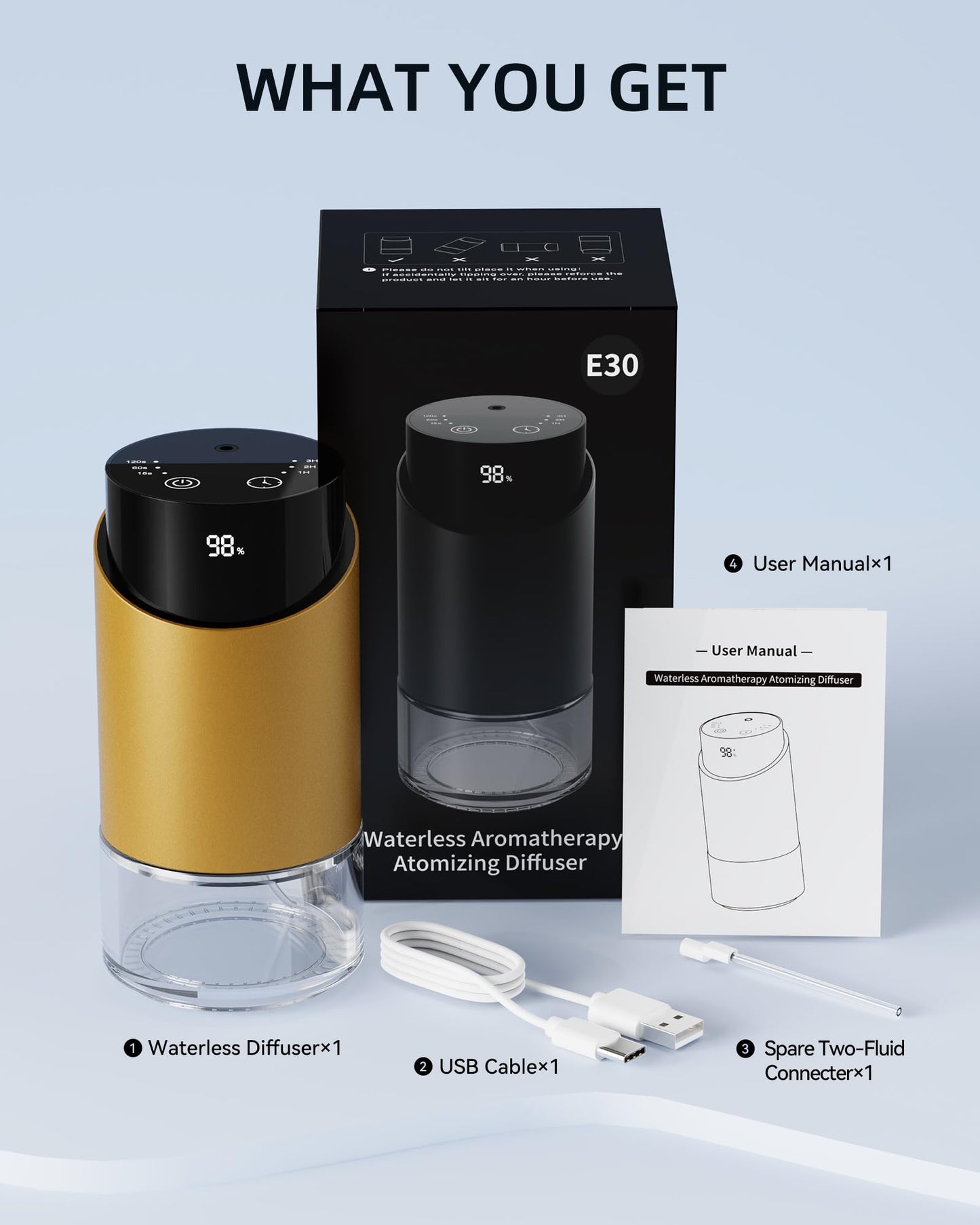 Waterless Essential Oil Diffuser โ 100ml, 4 Timers, 3 Mist Levels, Battery Powered, Golden
