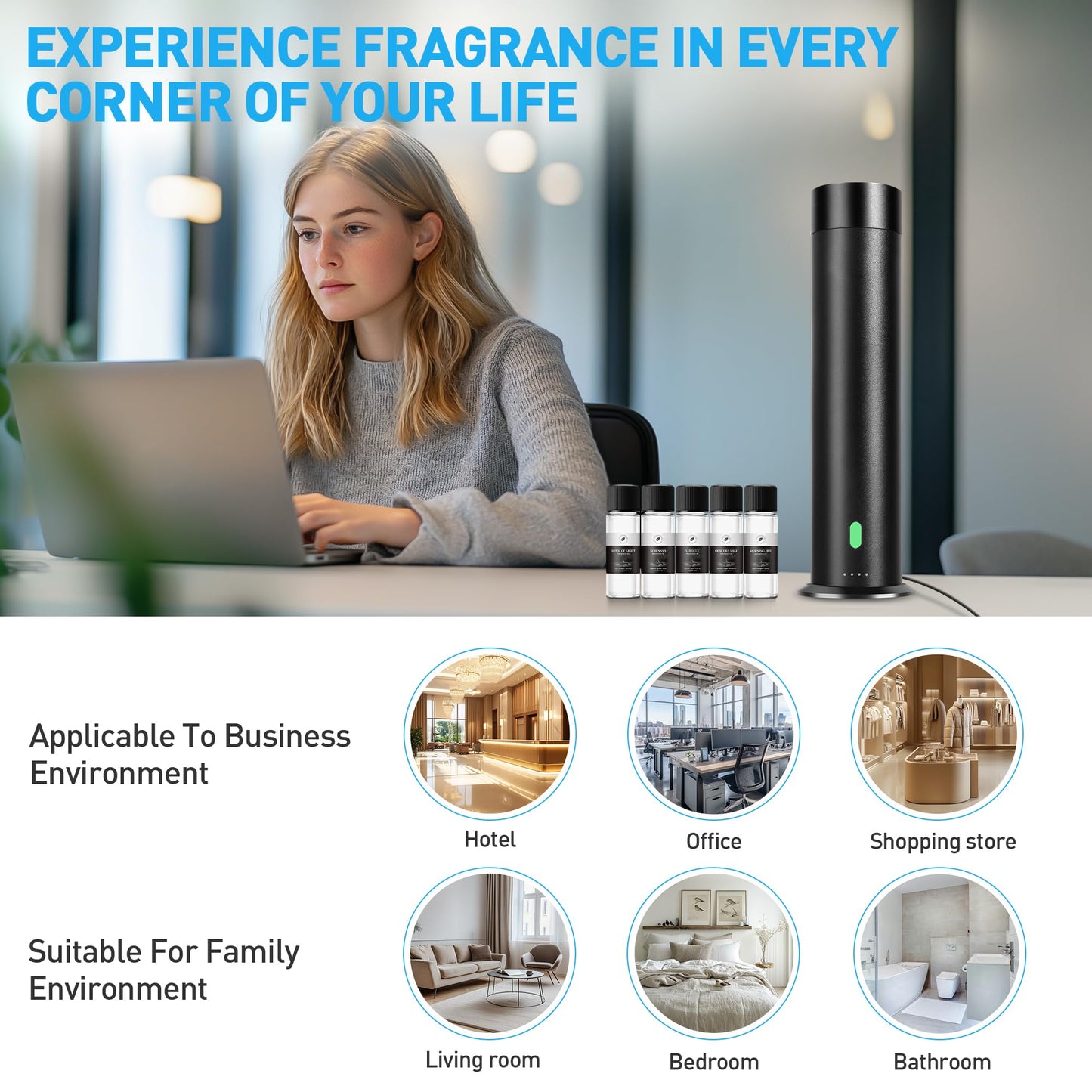 Waterless Scent Diffuser Starter Kit โ 1000 Sq Ft Coverage, Black, 11.3 in, Remote, Includes 5 Oils