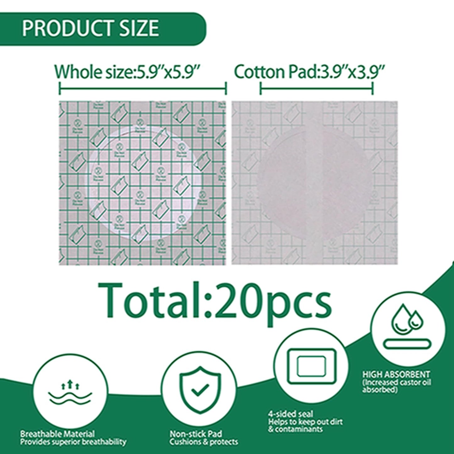 Waterproof Castor Oil Patch Wrap β 20 Pcs, 5.9x5.9in, Self-Adhesive Organic Cotton