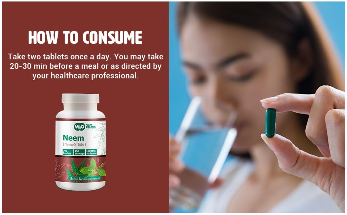 WAY 4 Organic W4O Neem Tulsi Tablets โ 300 Pills, 150 Servings, 1000 mg, Equal Neem & Tulsi (Pack of 2)